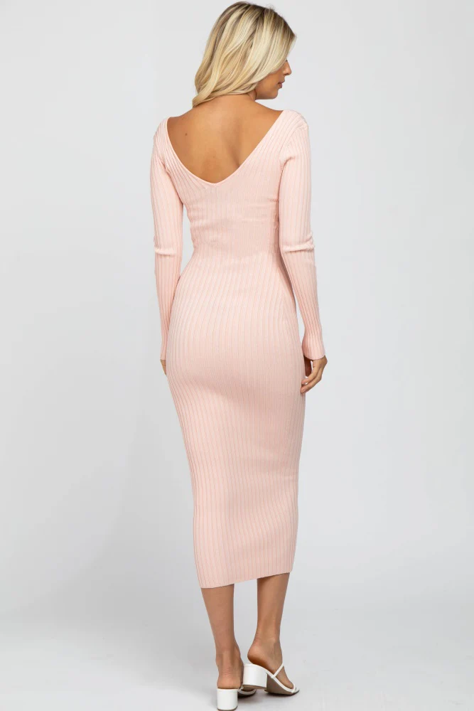 Pink V-Neck Long Sleeve Fitted Maxi Dress - Image 3