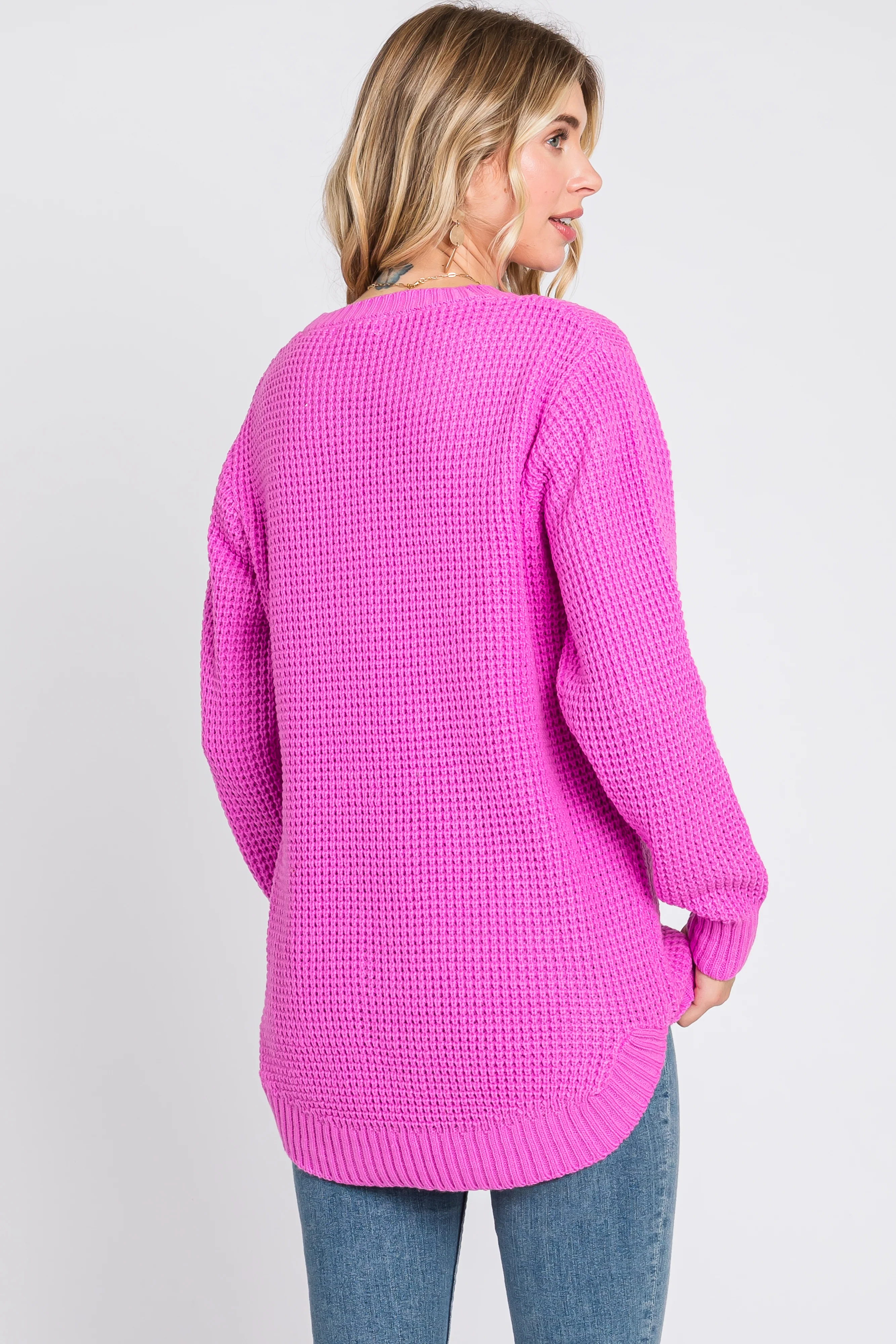 Pink Waffle Knit Round Hem Sweater - Image 4