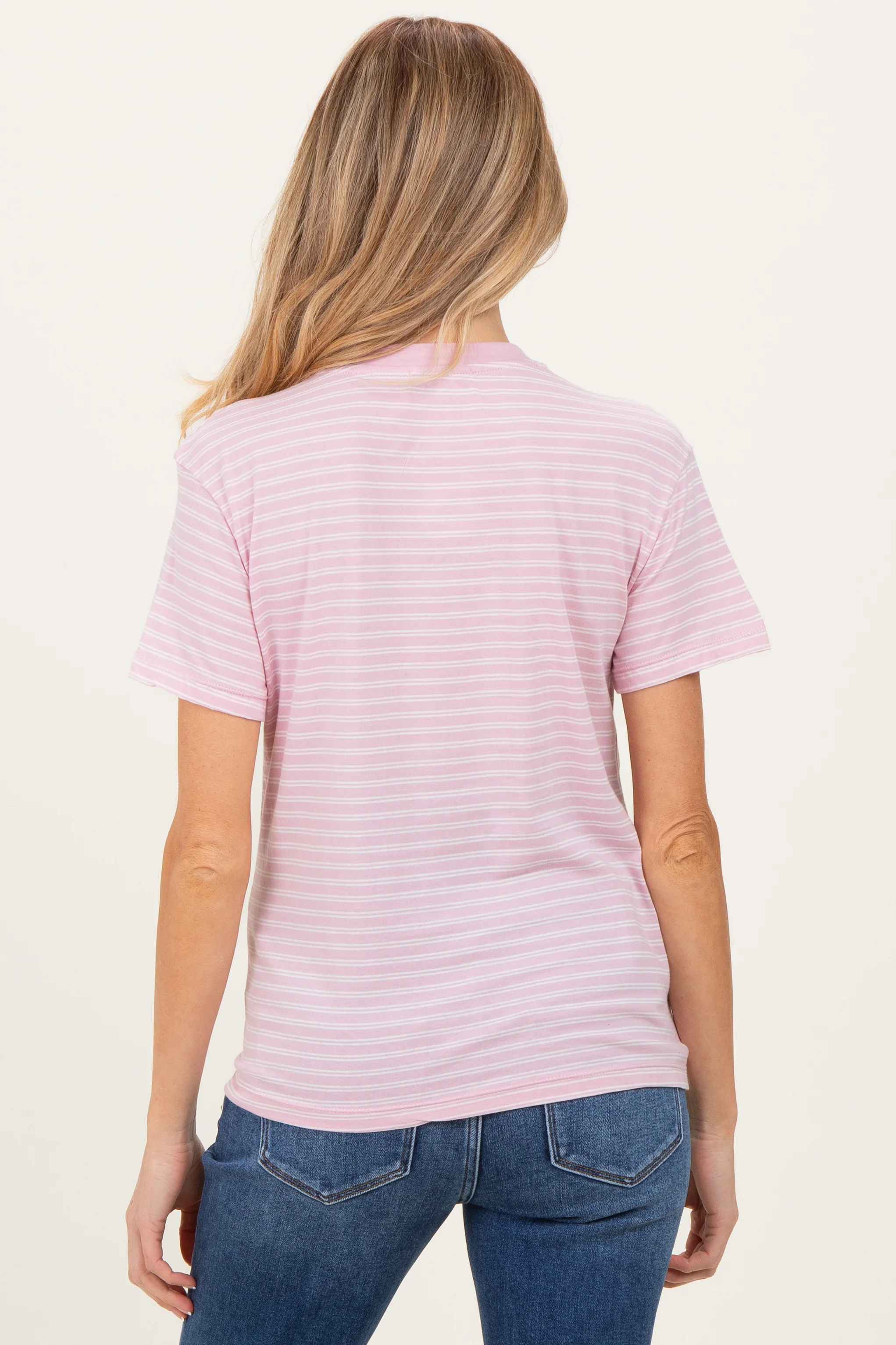Pink/White Short Sleeve Round Neck Stripe Maternity Tee - Image 4
