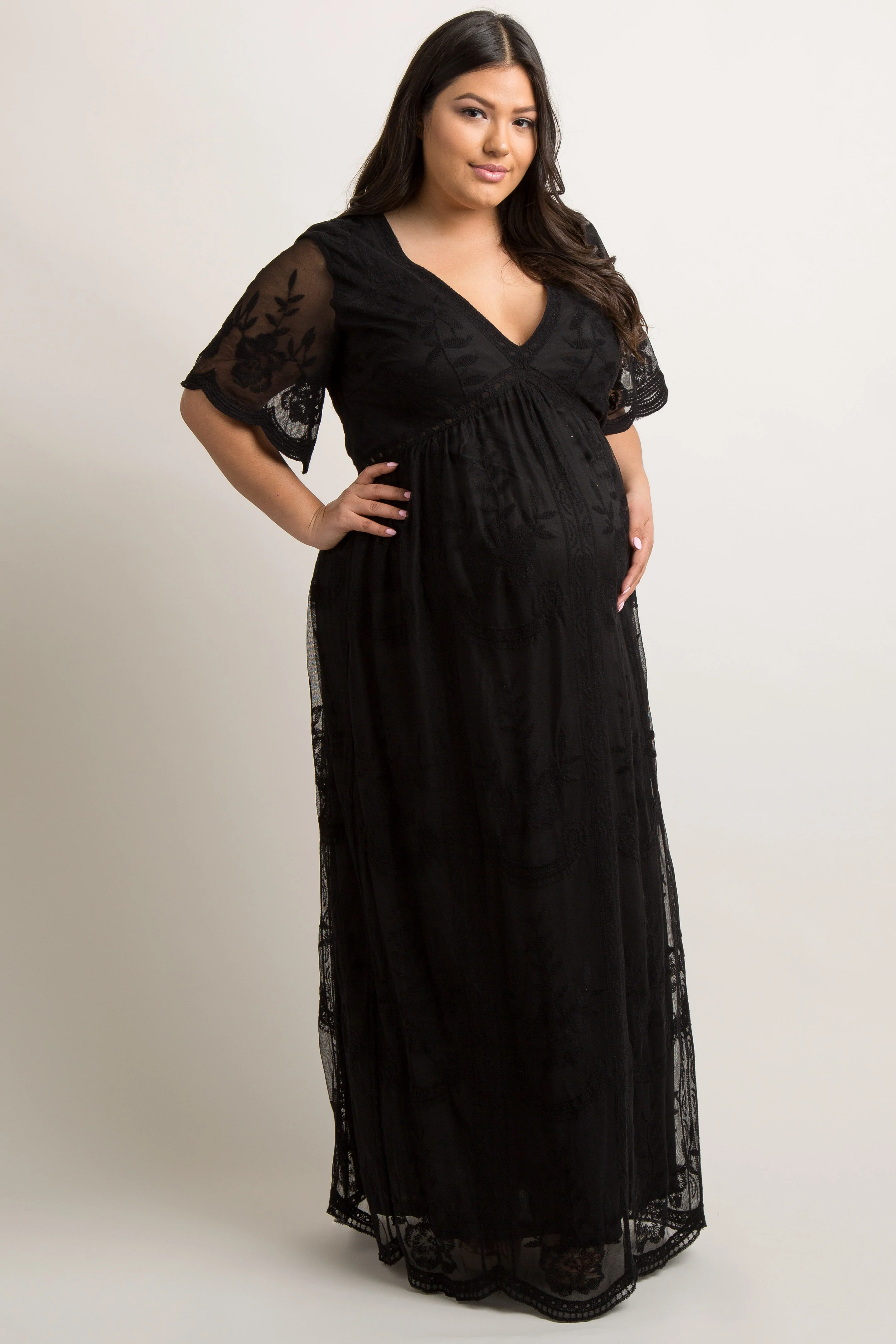 PinkBlush Black Lace Mesh Overlay Maternity Plus Maxi Dress - Image 2
