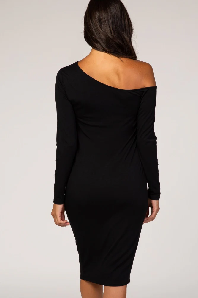 PinkBlush Black One Shoulder Fitted Midi Dress - Image 4