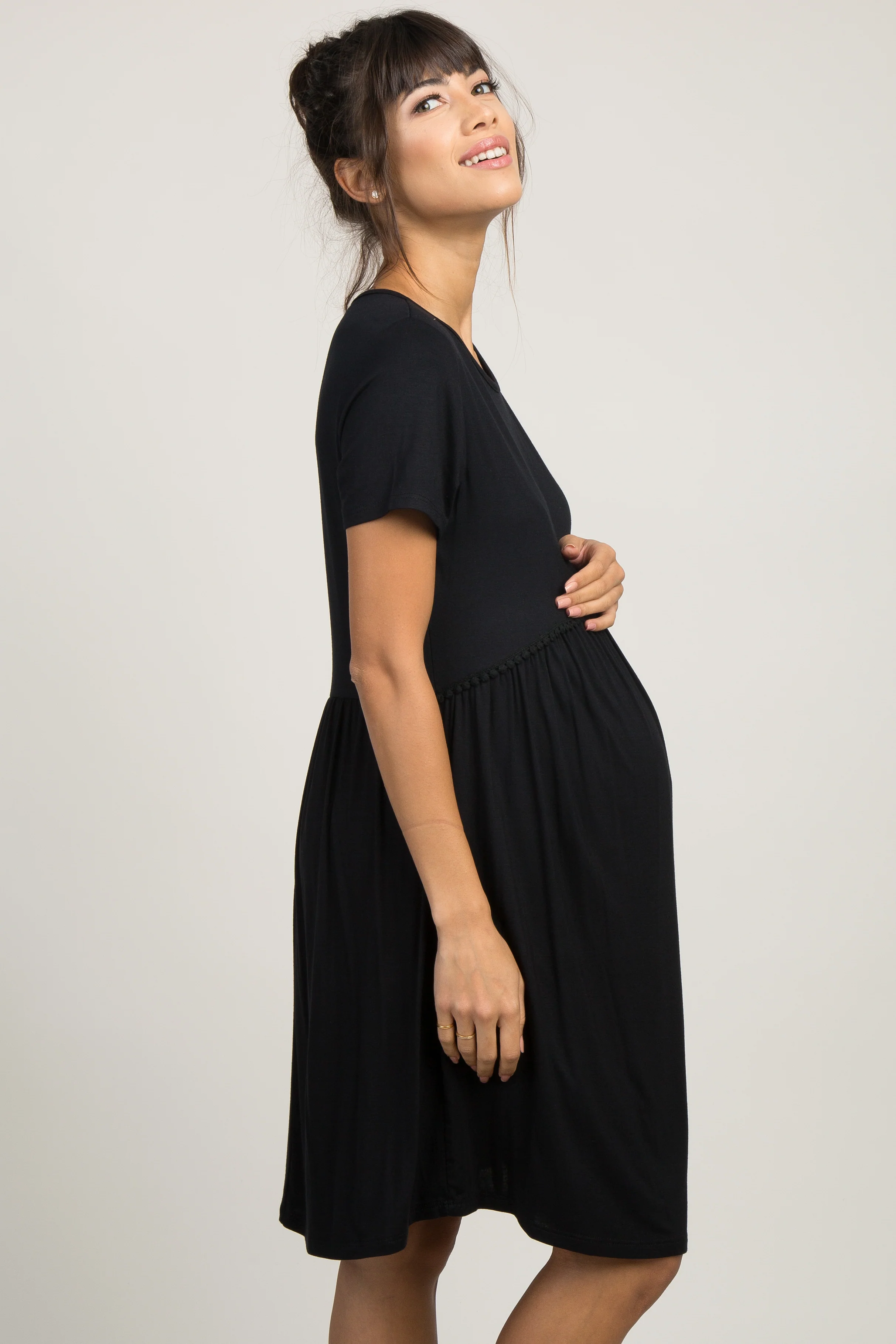 PinkBlush Black Solid Crochet Trim Maternity Shift Dress - Image 3