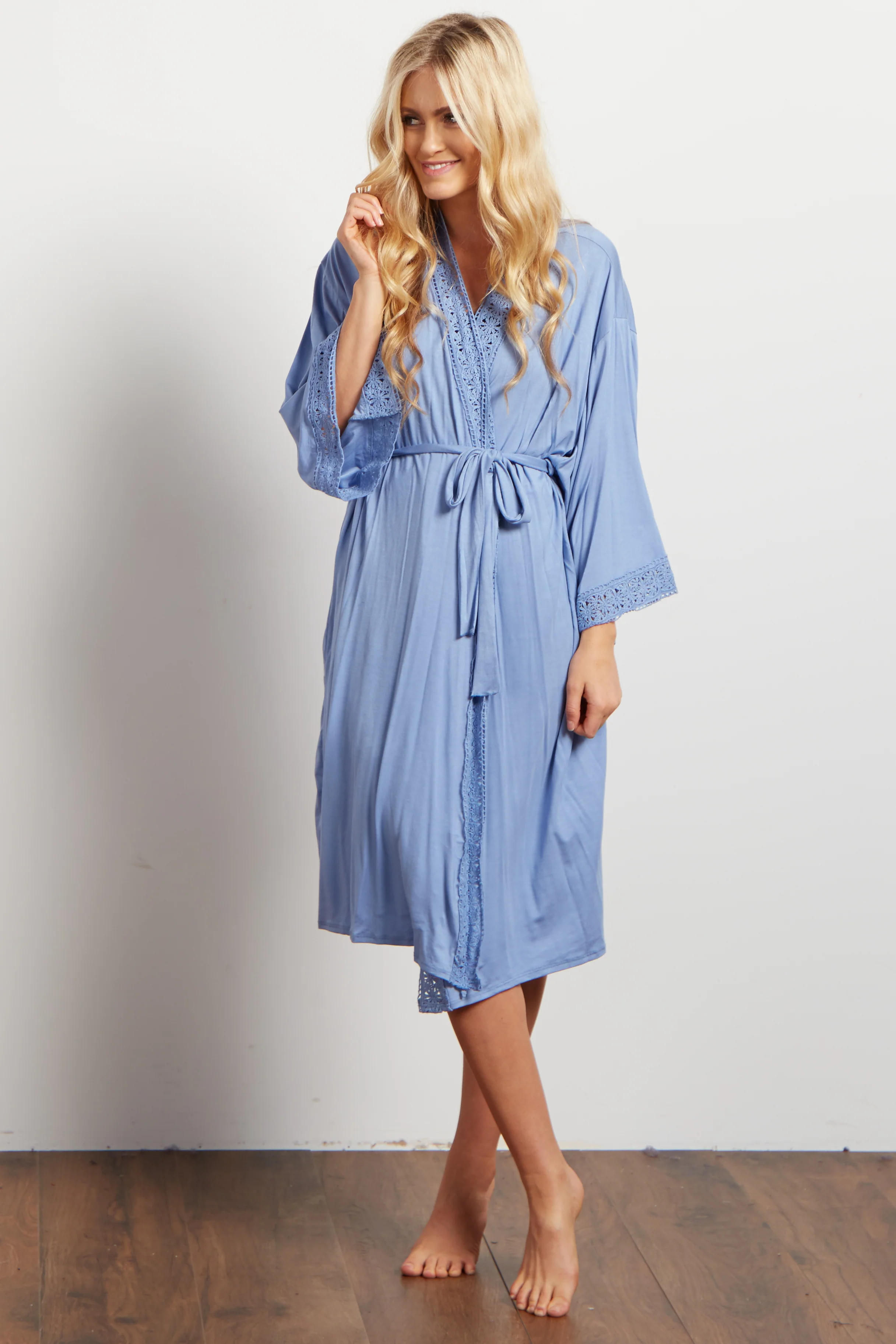 PinkBlush Blue Crochet Trim Delivery/Nursing Maternity Robe - Image 6