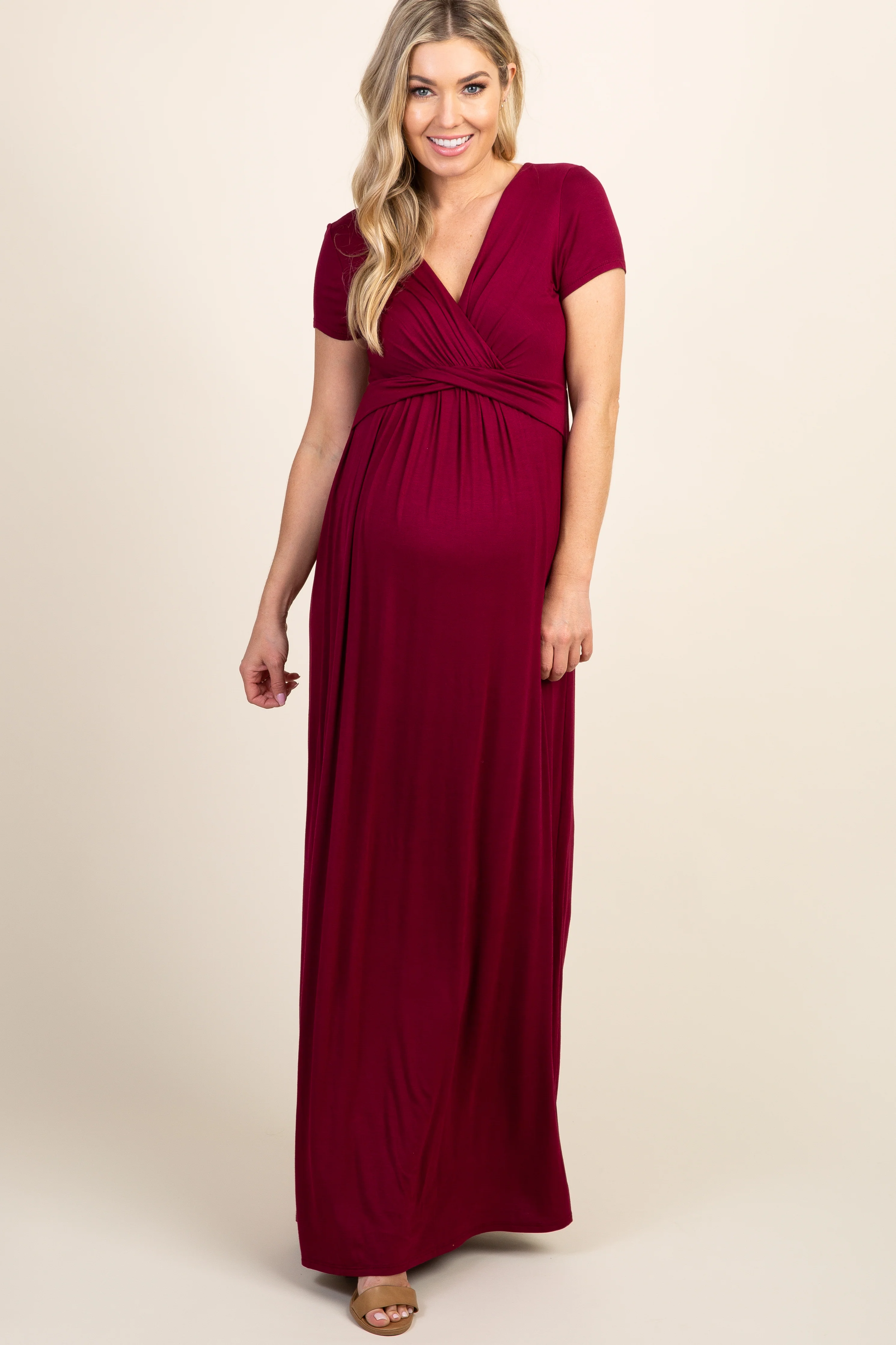 PinkBlush Burgundy Draped Maternity/Nursing Maxi Dress
