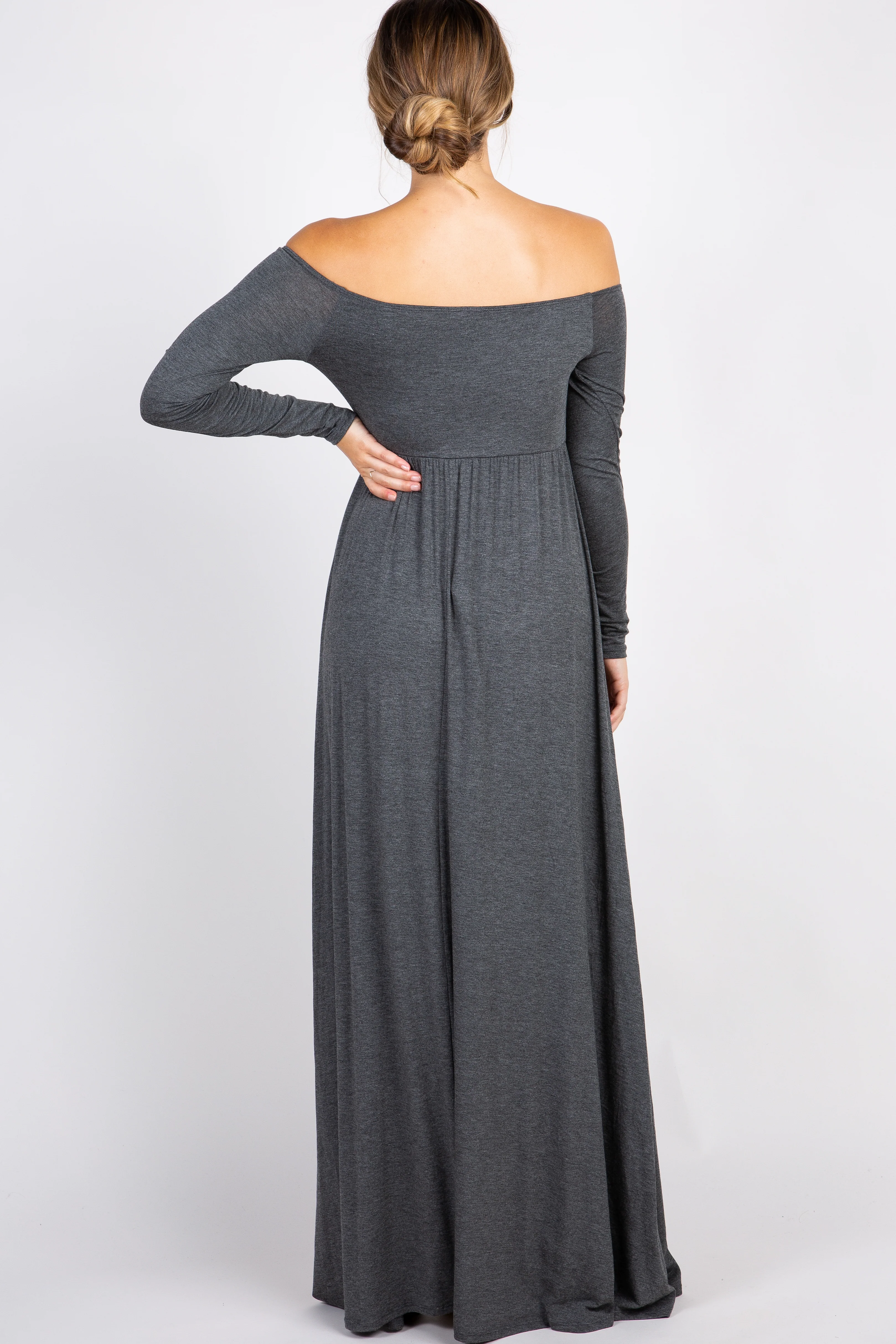 PinkBlush Charcoal Solid Off Shoulder Maternity Maxi Dress - Image 3