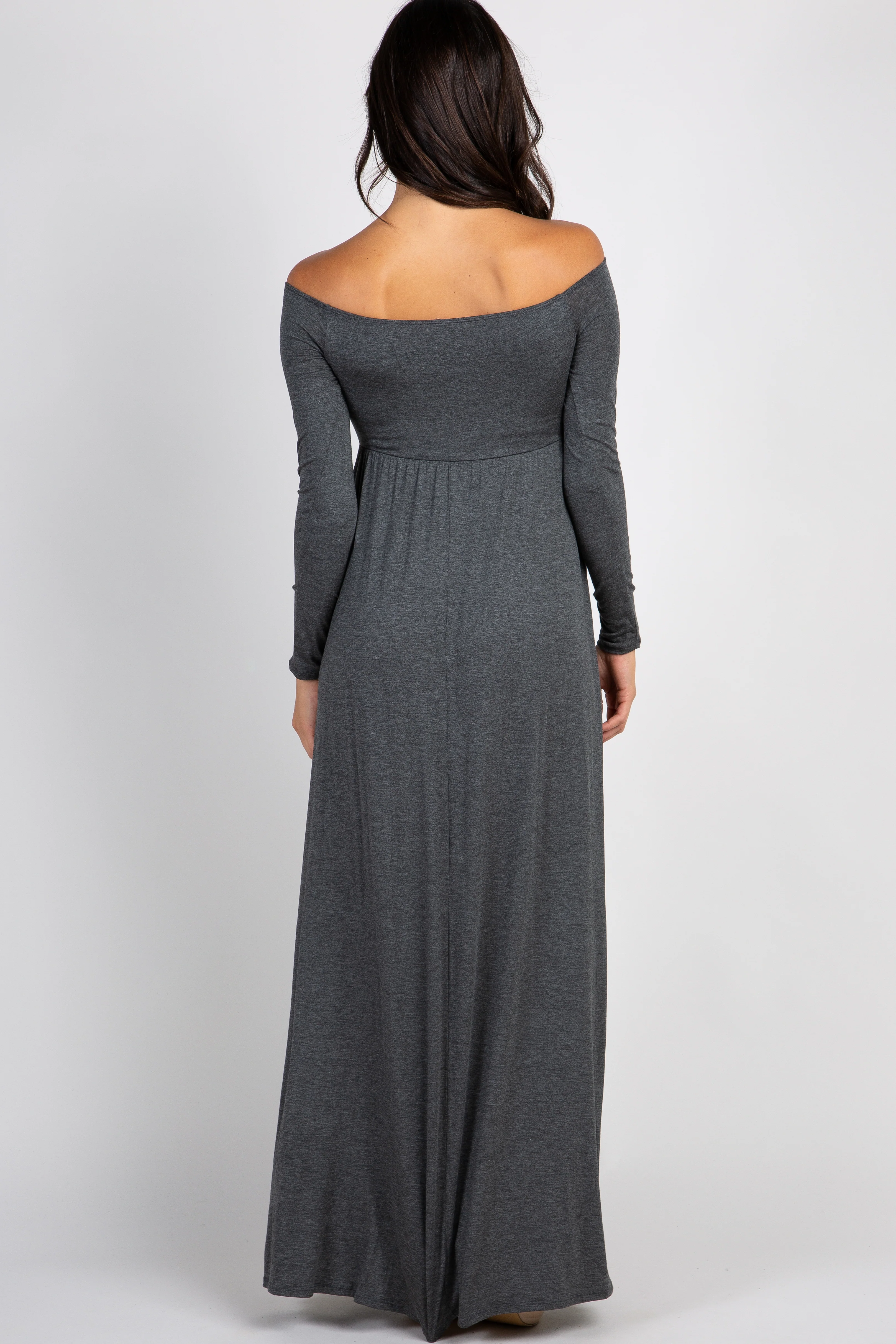 PinkBlush Charcoal Solid Off Shoulder Maxi Dress - Image 3