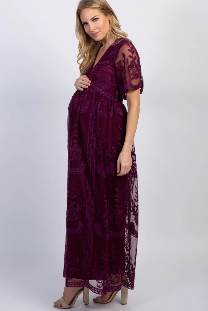 PinkBlush Deep Burgundy Lace Mesh Overlay Maternity Maxi Dress - Image 2