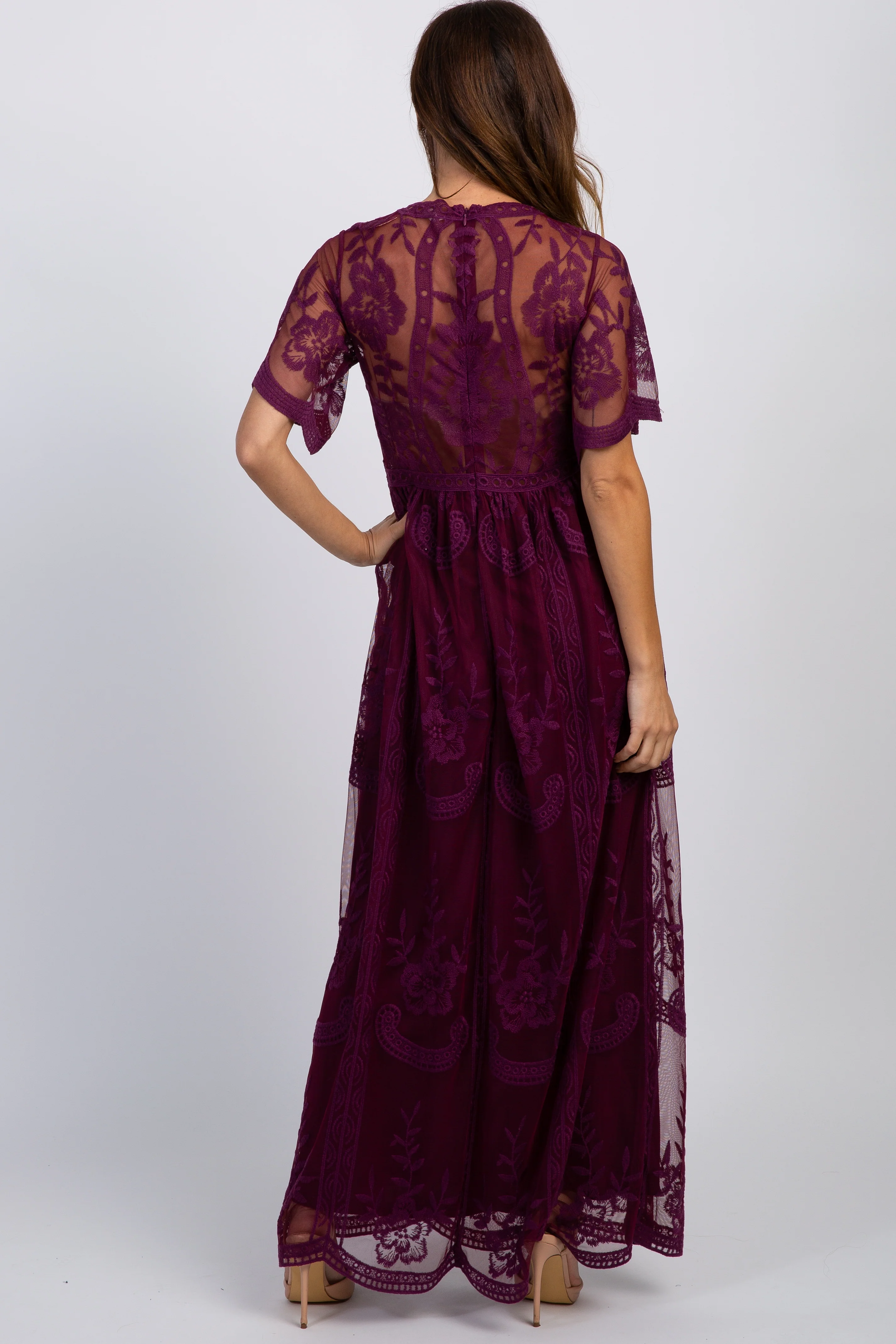 PinkBlush Deep Burgundy Lace Mesh Overlay Maxi Dress - Image 4