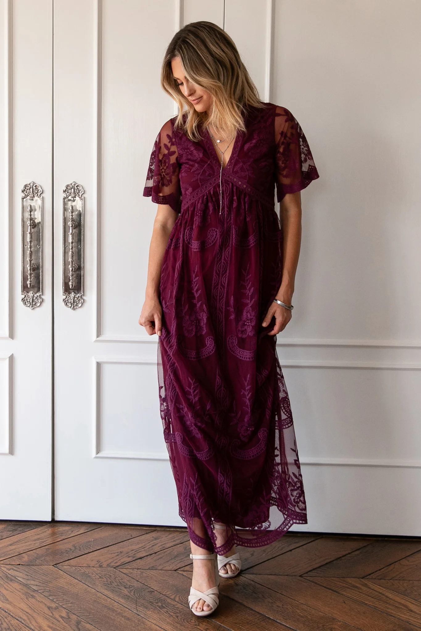 PinkBlush Deep Burgundy Lace Mesh Overlay Maxi Dress - Image 5