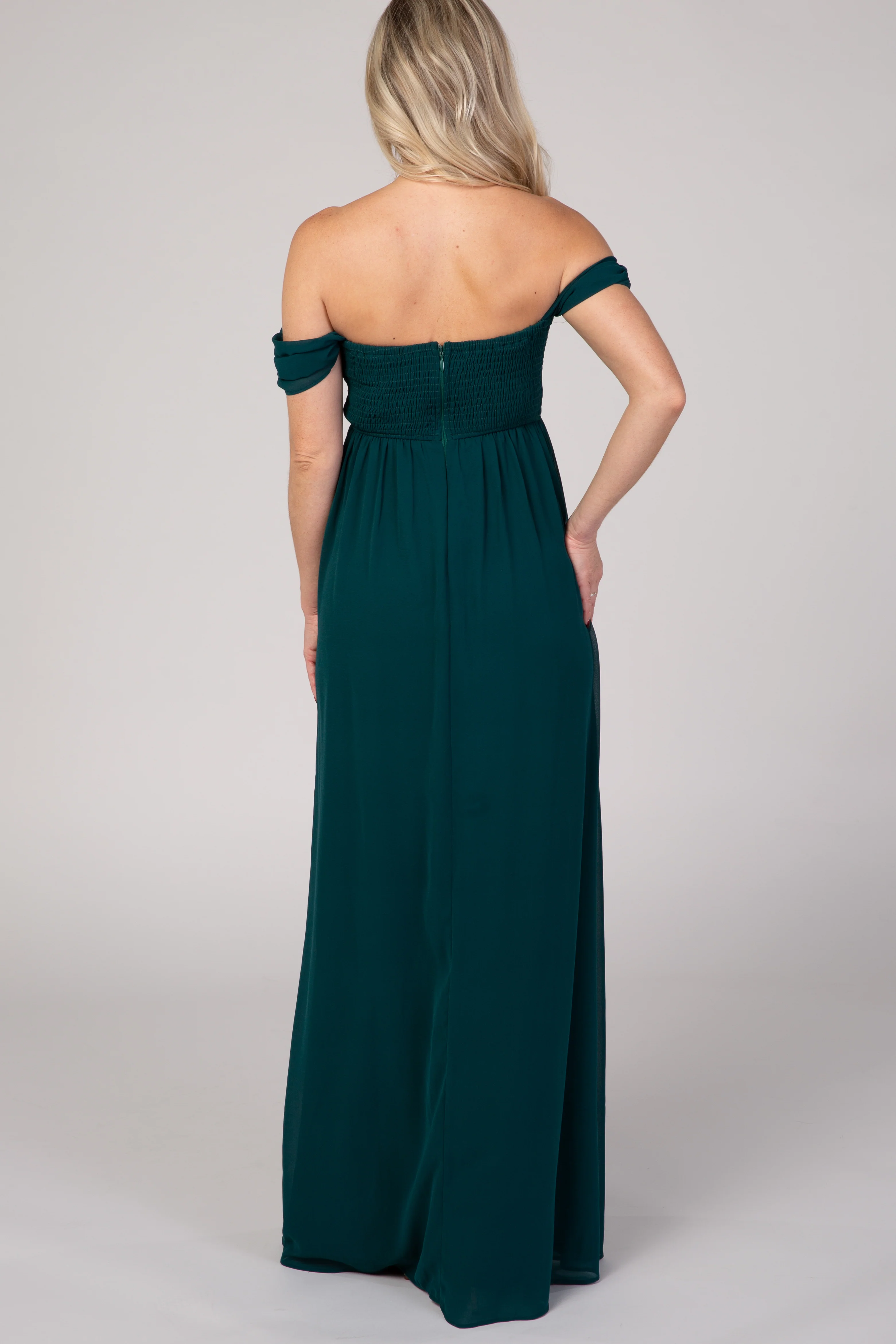 PinkBlush Forest Green Off Shoulder Chiffon Maxi Maternity Dress - Image 3