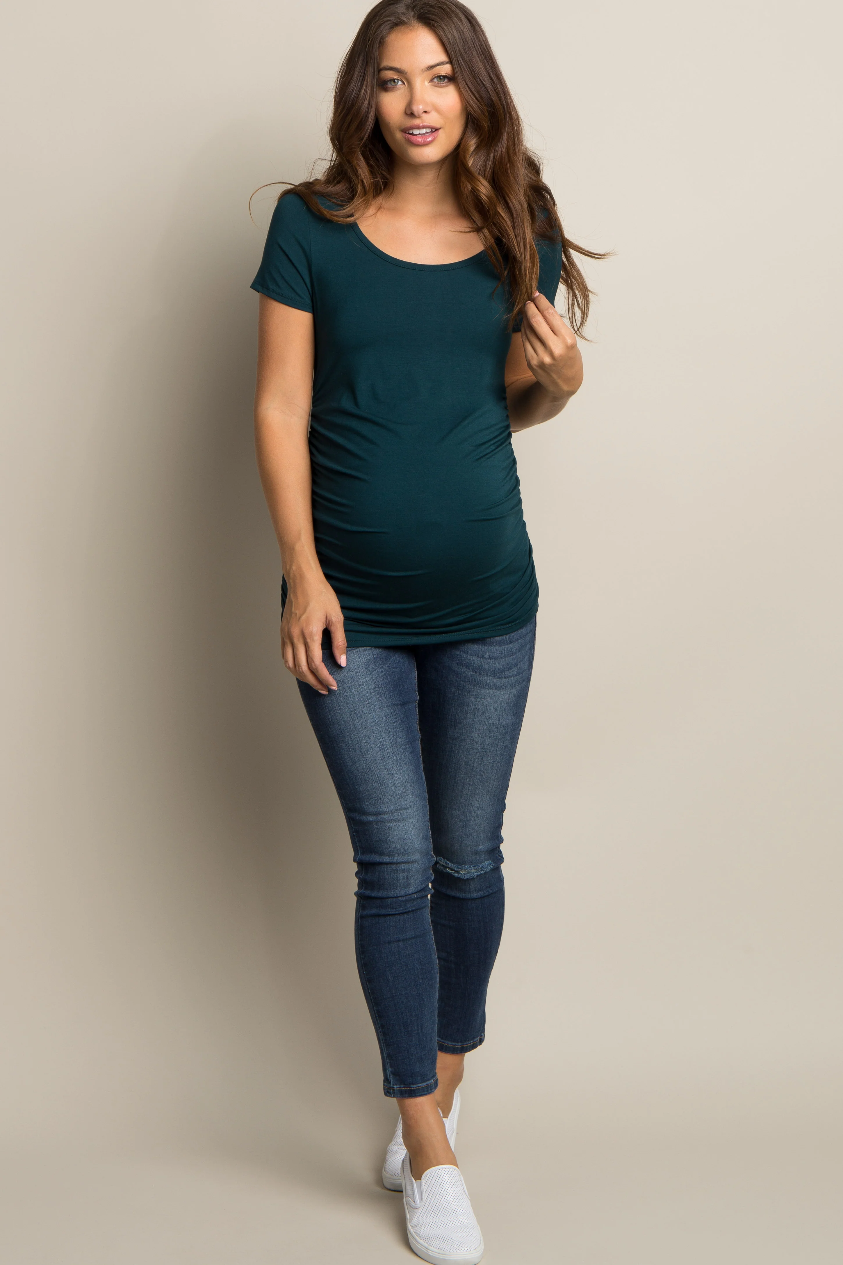 PinkBlush Forest Green Ruched Short Sleeve Maternity Top - Image 4