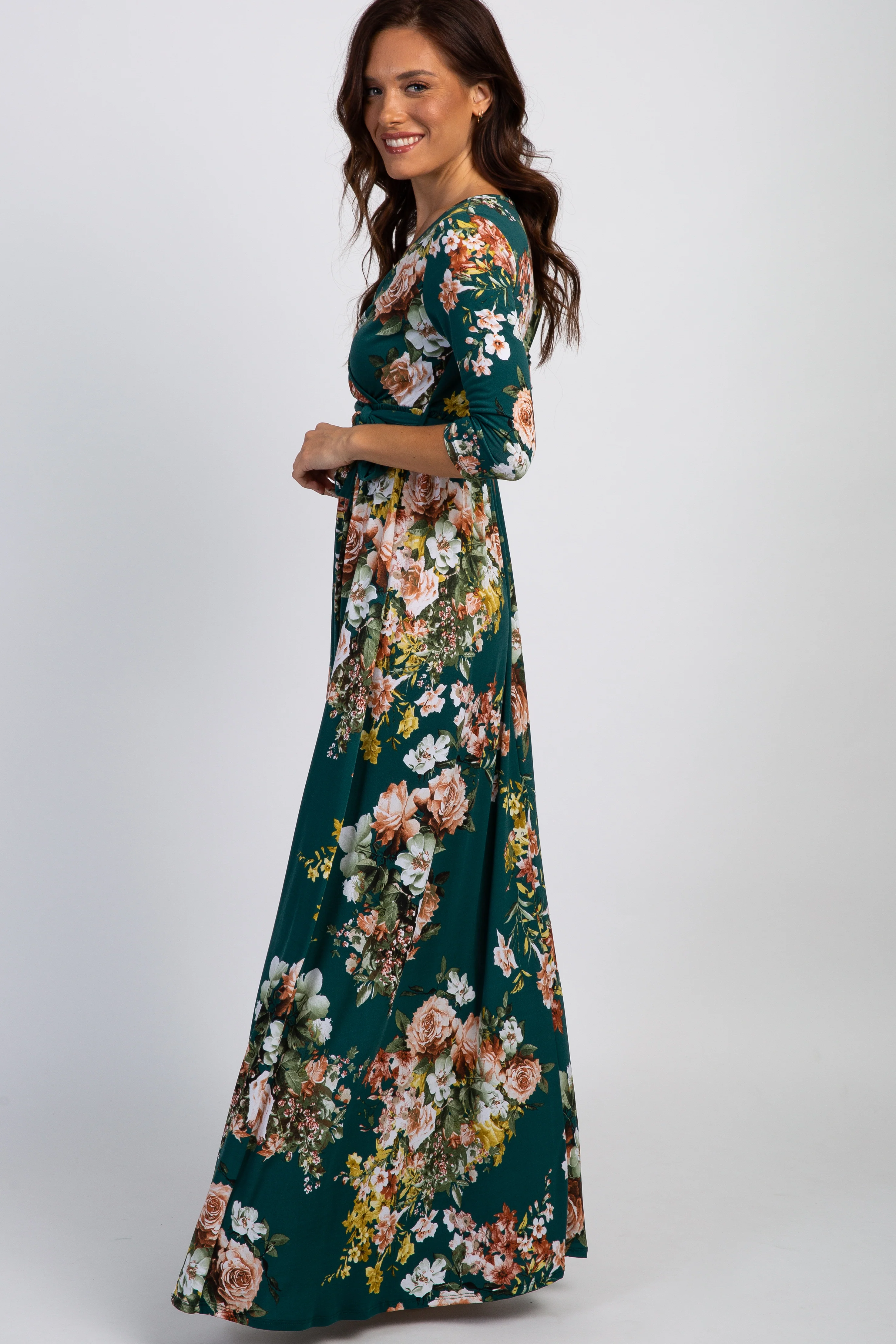 PinkBlush Green Rose Print Sash Tie Maxi Dress - Image 2