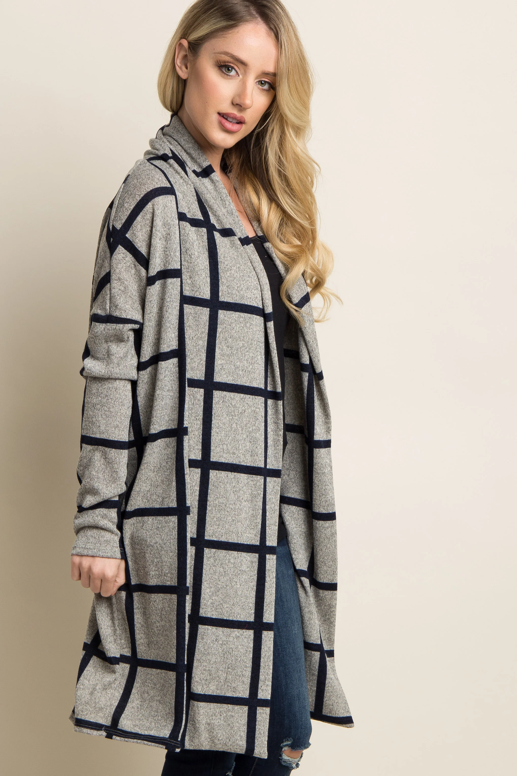 PinkBlush Grey Plaid Long Knit Cardigan - Image 2