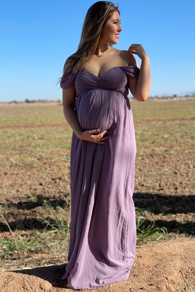 PinkBlush Lavender Off Shoulder Chiffon Maxi Maternity Dress - Image 2