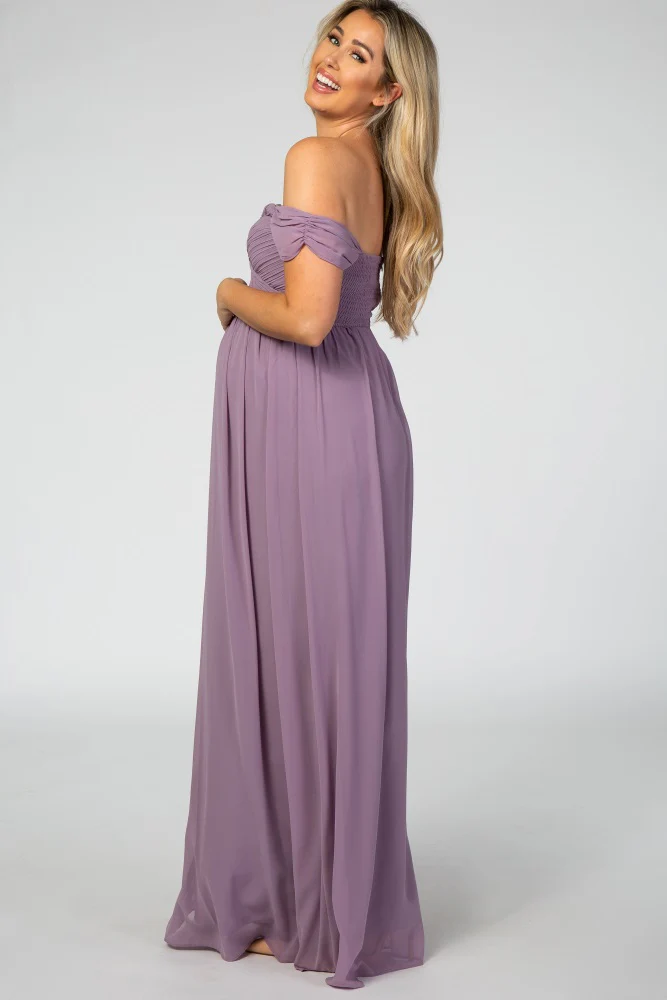 PinkBlush Lavender Off Shoulder Chiffon Maxi Maternity Dress - Image 3