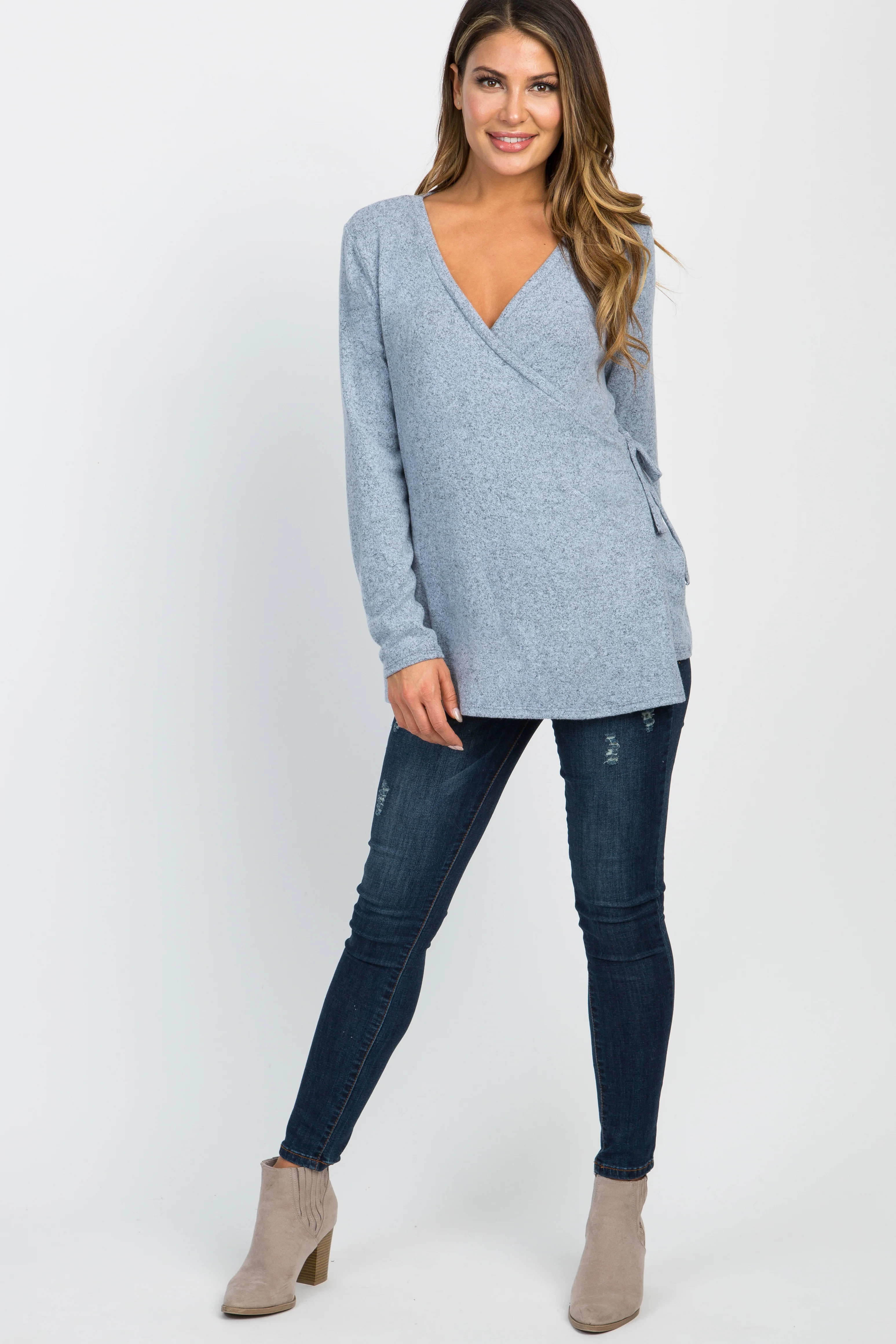 PinkBlush Light Blue Heathered Knit Wrap Tie Nursing Top - Image 5