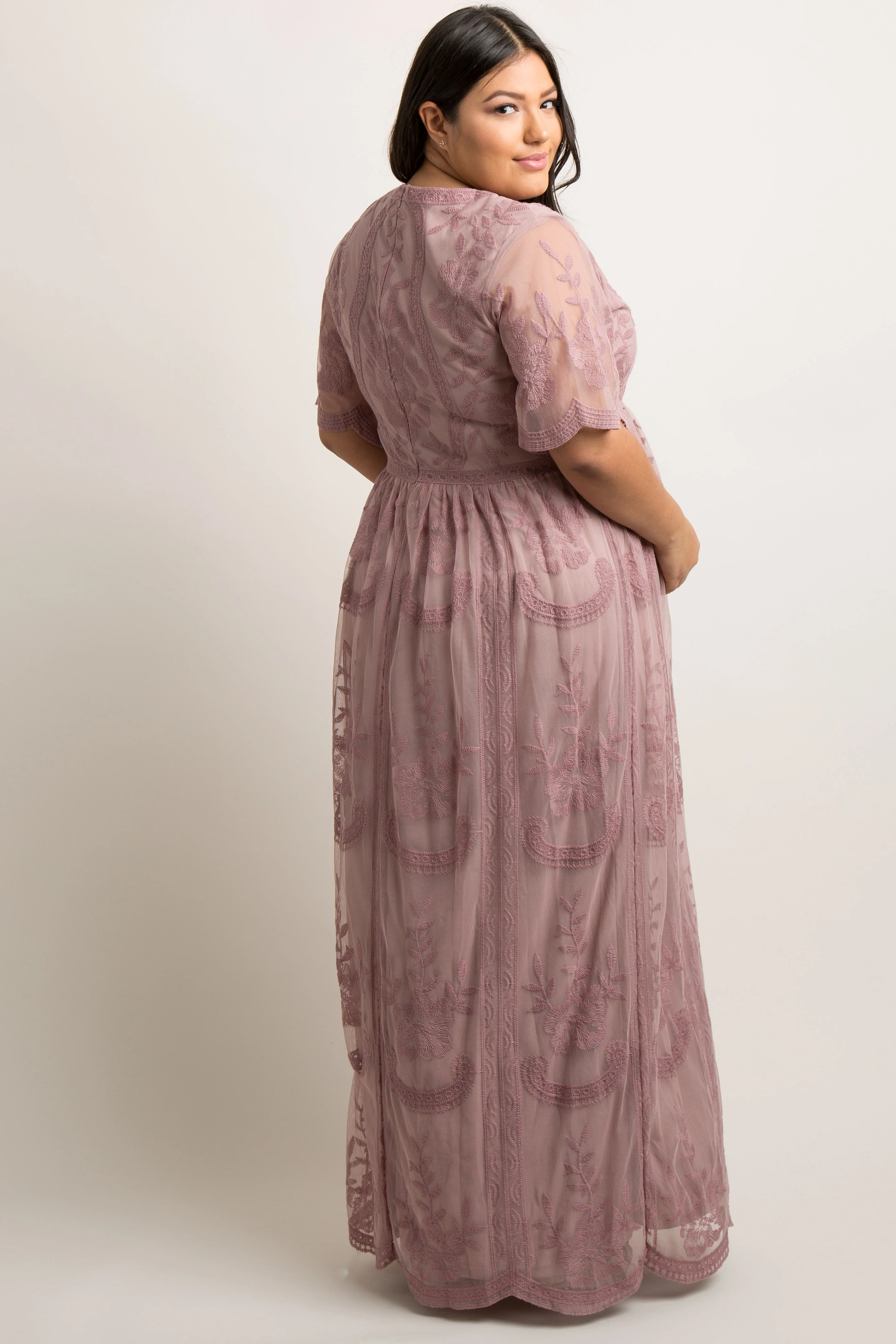 PinkBlush Mauve Lace Mesh Overlay Plus Maternity Maxi Dress - Image 3