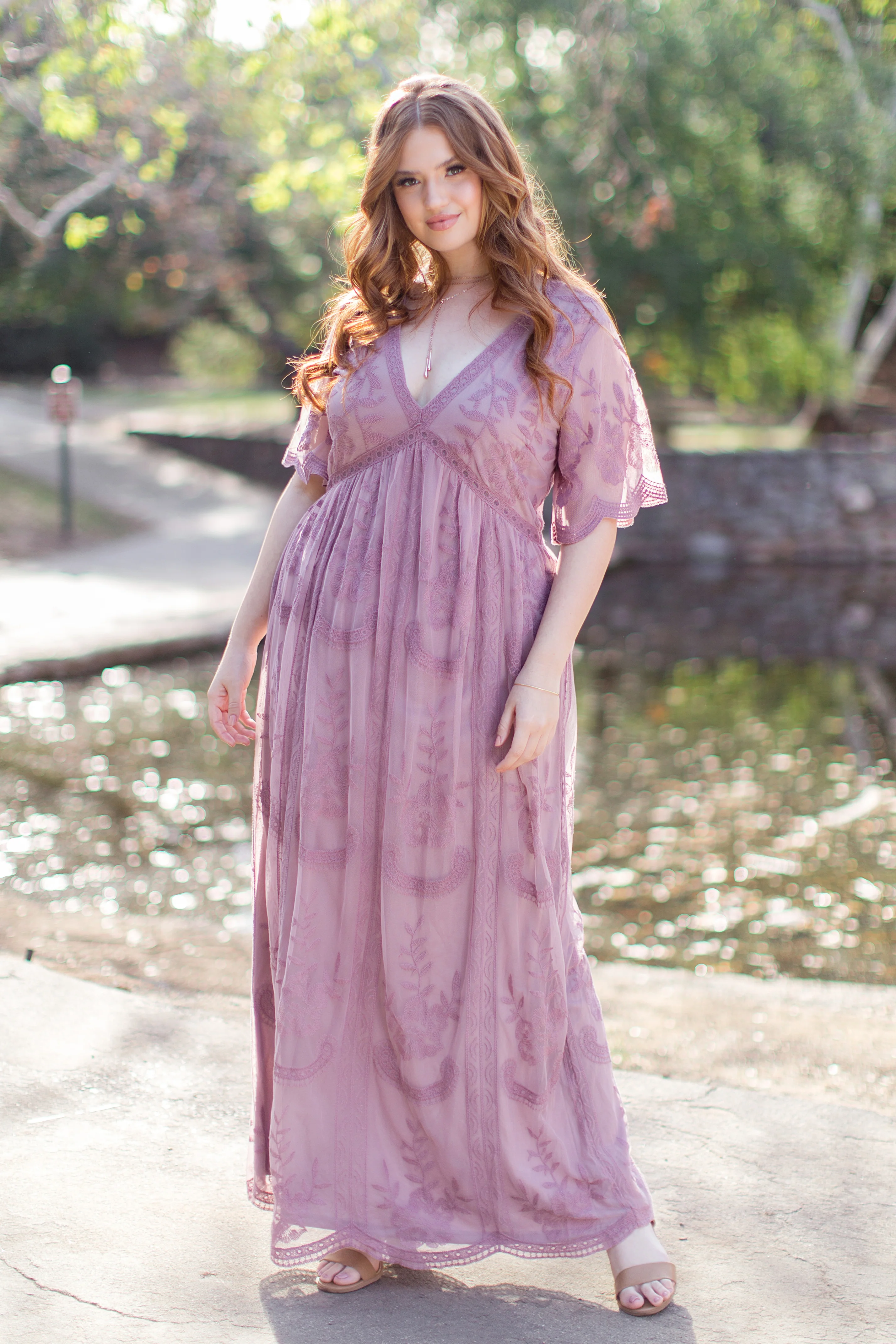 PinkBlush Mauve Lace Mesh Overlay Plus Maternity Maxi Dress - Image 6