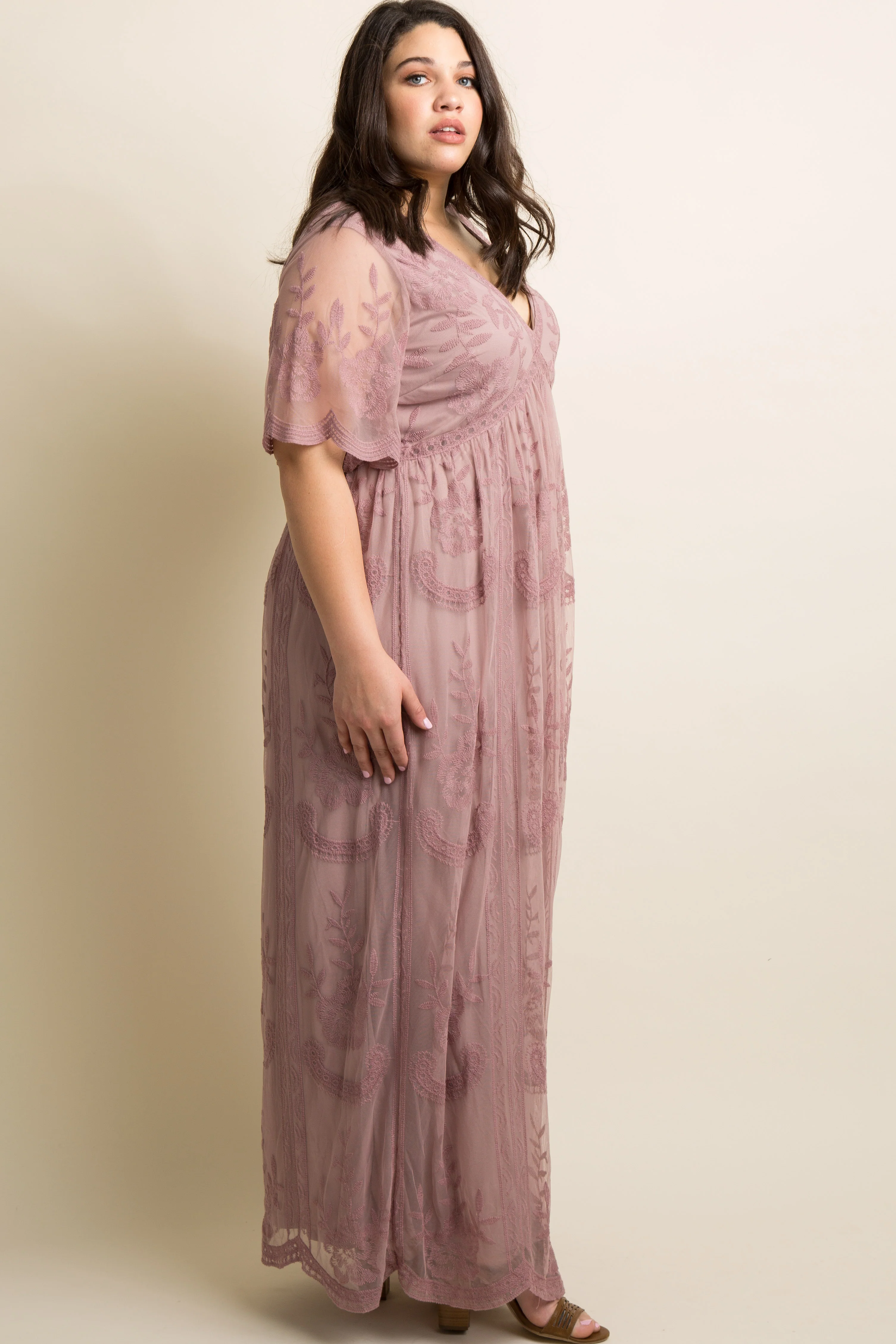 PinkBlush Mauve Lace Mesh Overlay Plus Maxi Dress - Image 5