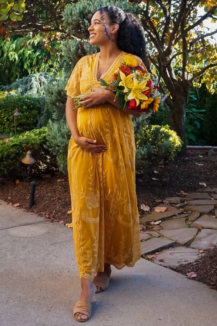 PinkBlush Mustard Lace Mesh Overlay Maternity Maxi Dress - Image 7