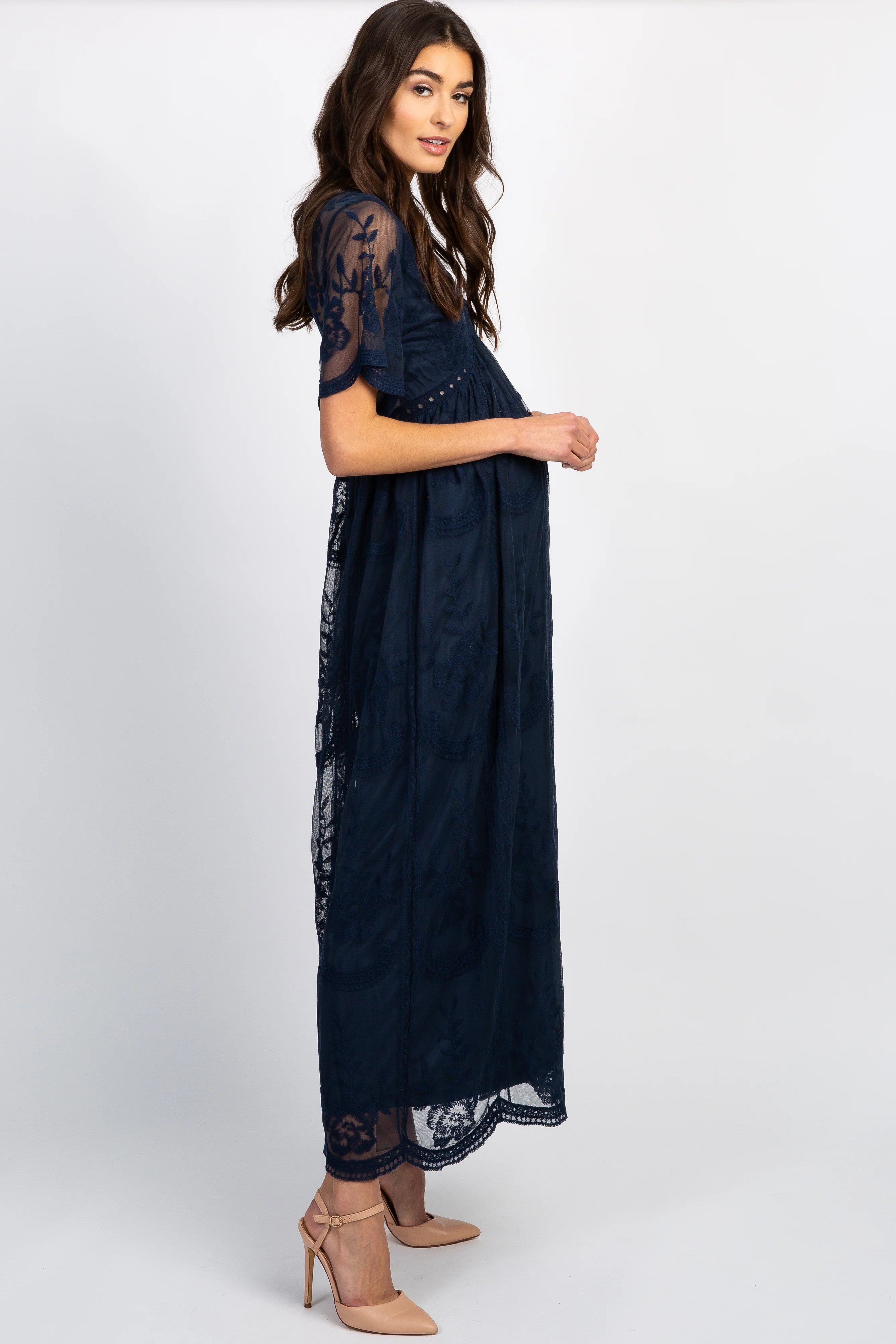 PinkBlush Navy Blue Lace Mesh Overlay Maternity Maxi Dress - Image 4