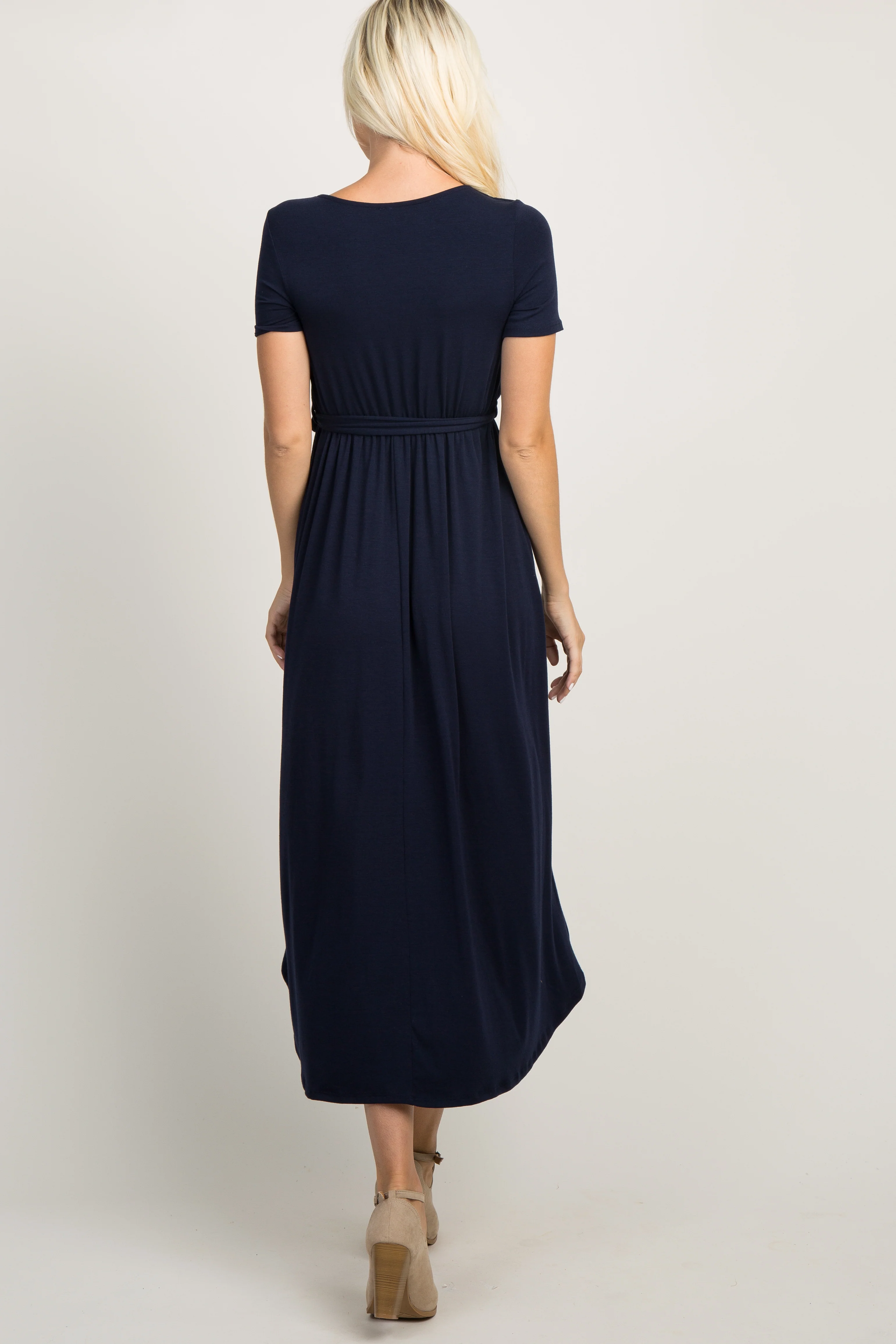 PinkBlush Navy Blue Solid Hi-Low Maternity Wrap Dress - Image 3
