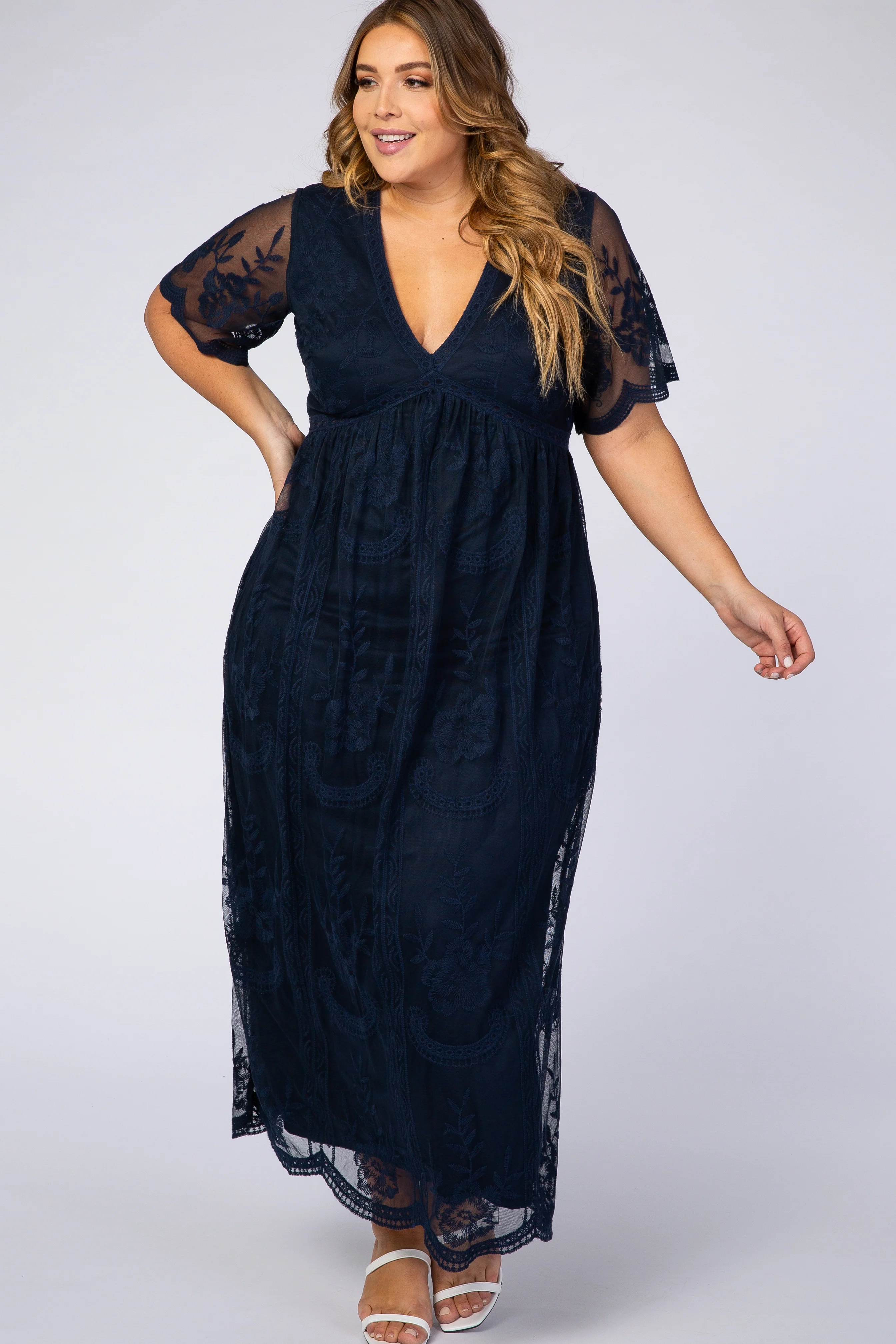 PinkBlush Navy Lace Mesh Overlay Plus Maxi Dress - Image 4