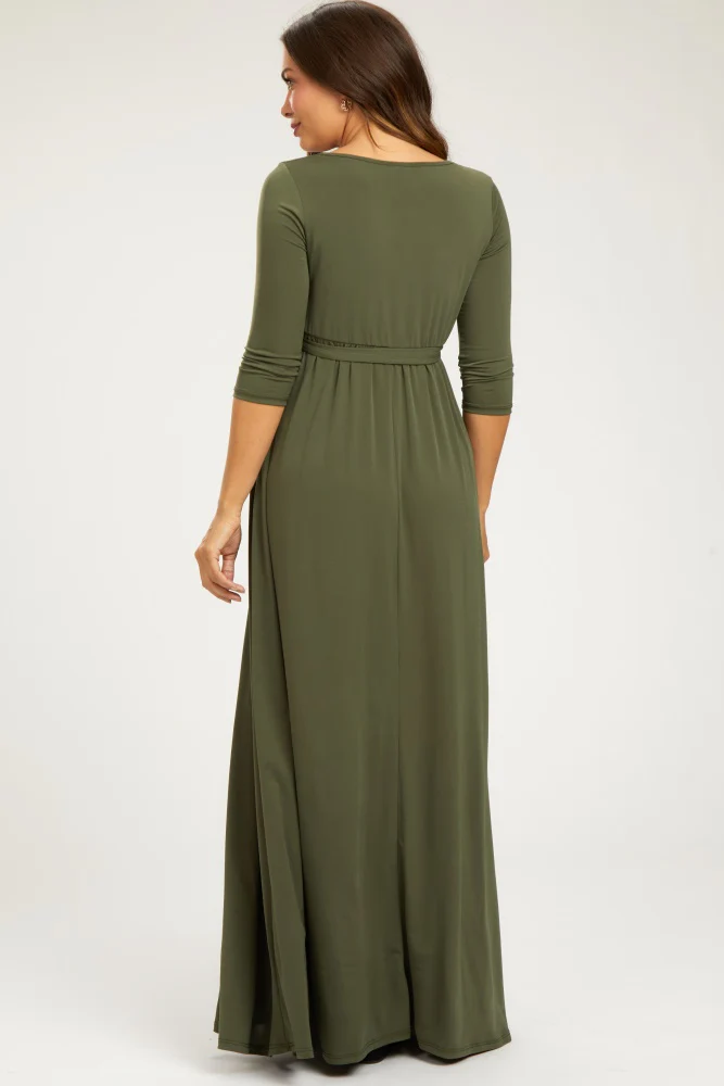 PinkBlush Olive Green Draped 3/4 Sleeve Maternity Maxi Dress - Image 3