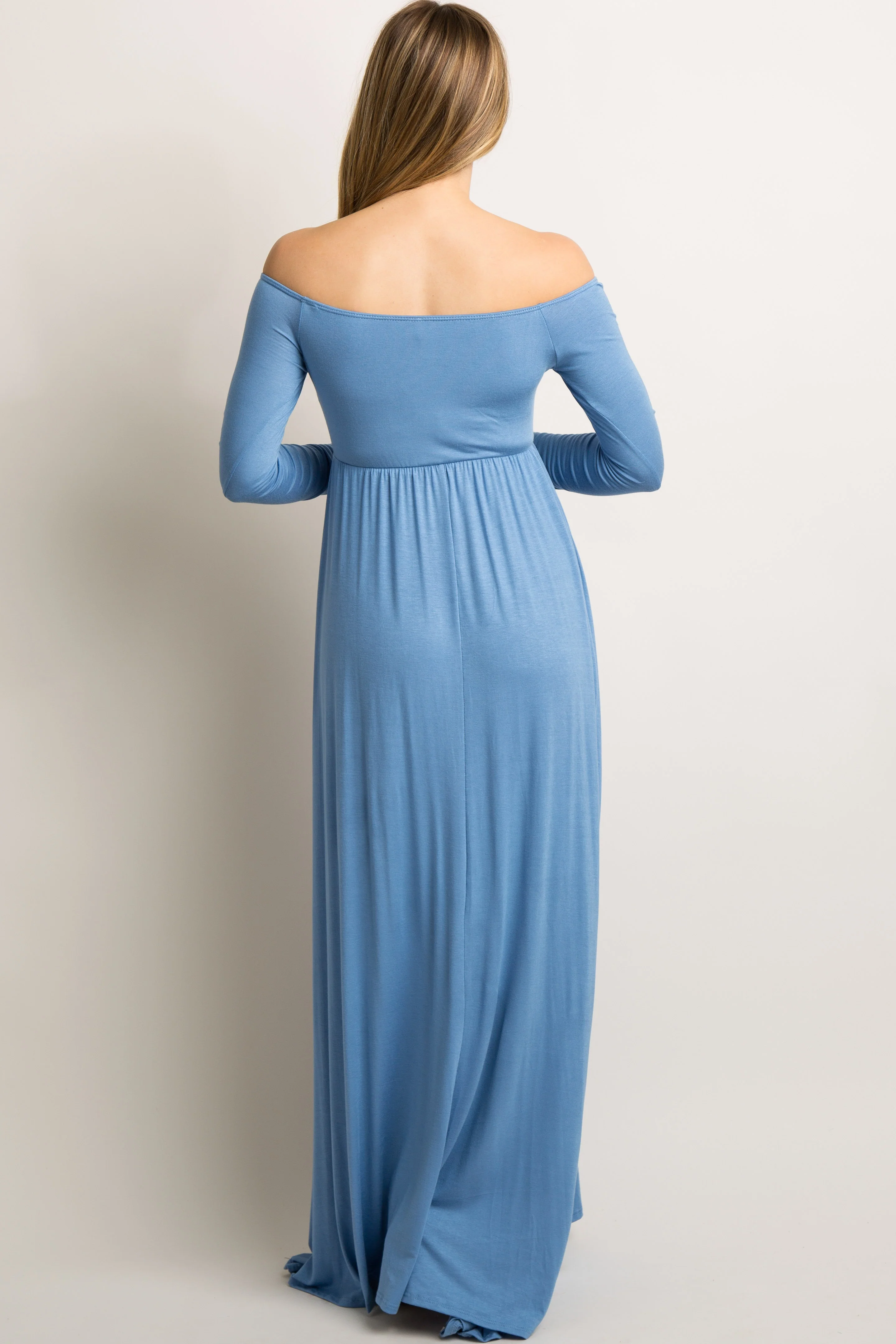 PinkBlush Petite Blue Solid Off Shoulder Maternity Maxi Dress - Image 3