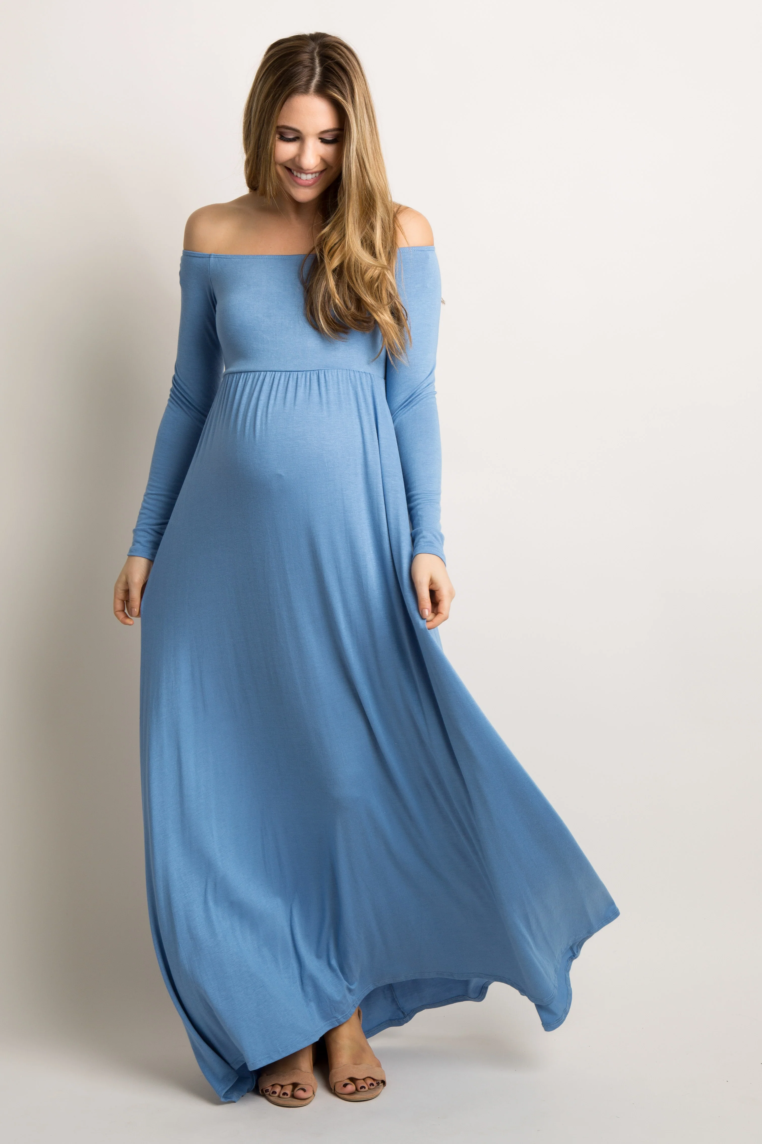 PinkBlush Petite Blue Solid Off Shoulder Maternity Maxi Dress - Image 4