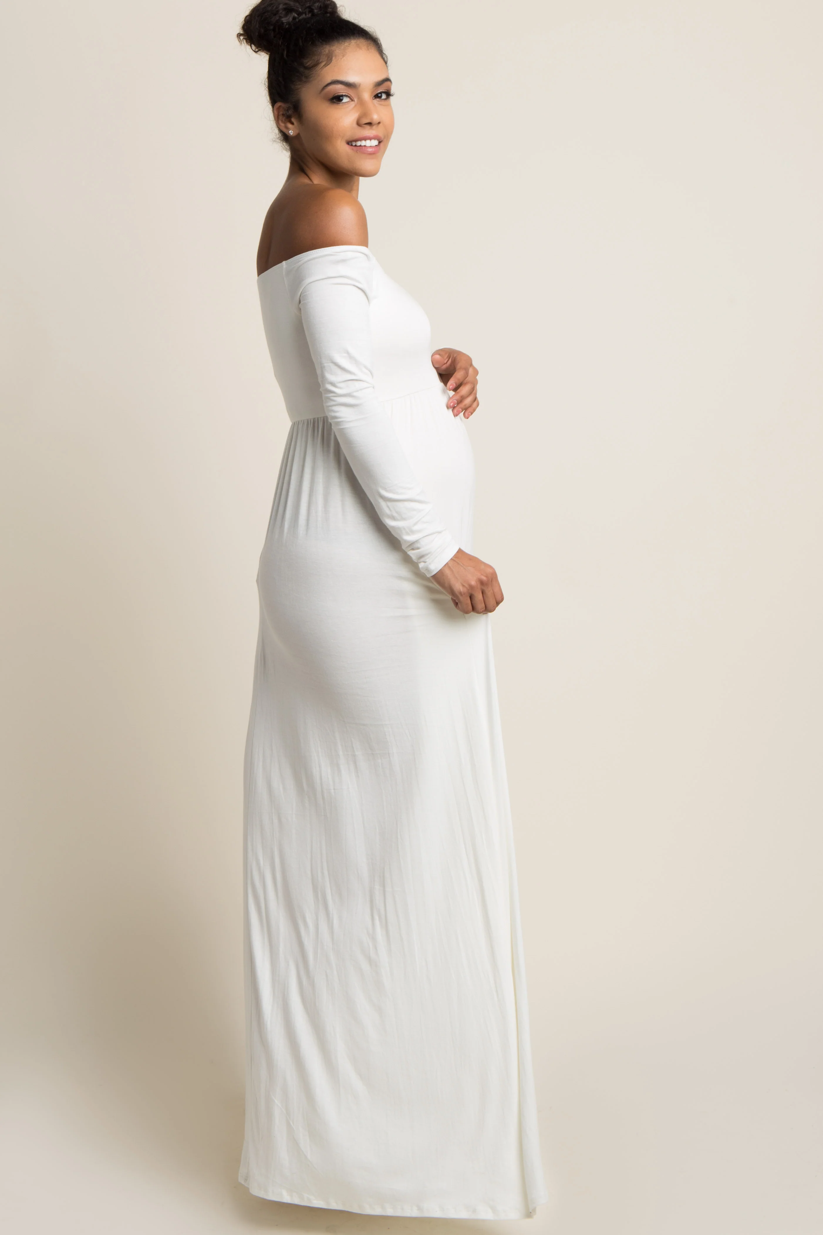 PinkBlush Petite Ivory Solid Off Shoulder Maternity Maxi Dress - Image 3