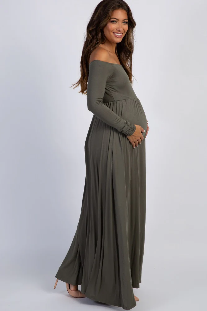 PinkBlush Petite Olive Solid Off Shoulder Maternity Maxi Dress - Image 4