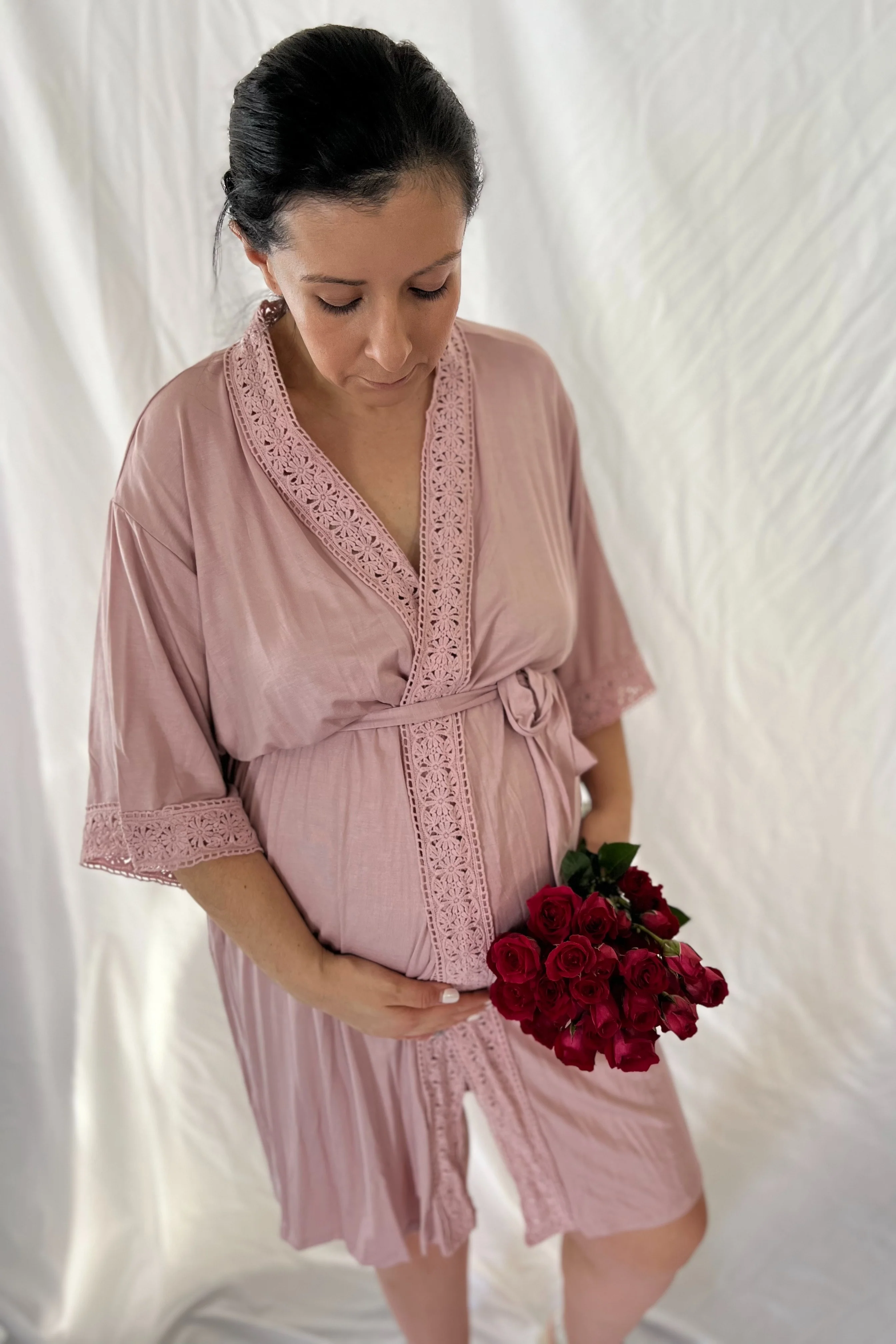 PinkBlush Pink Crochet Trim Delivery/Nursing Maternity Robe - Image 11
