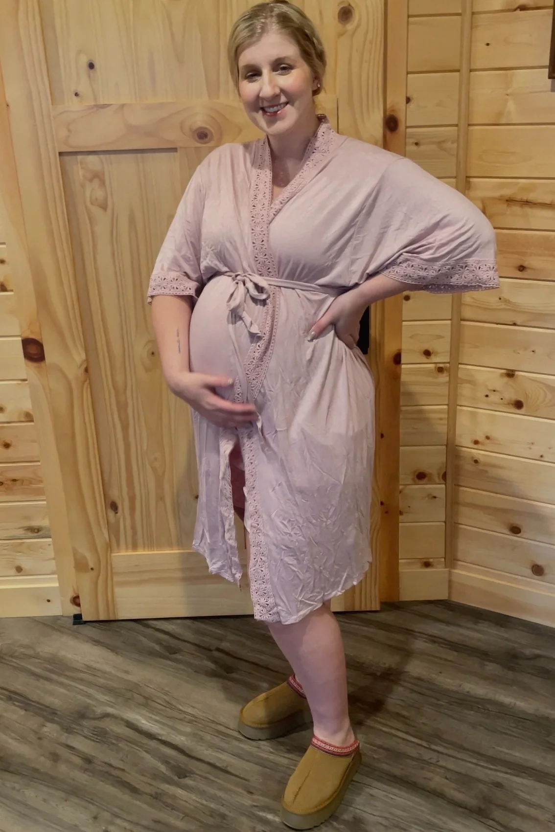 PinkBlush Pink Crochet Trim Delivery/Nursing Maternity Robe - Image 12