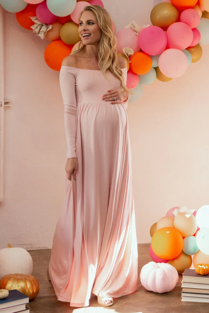 PinkBlush Pink Solid Off Shoulder Maternity Maxi Dress - Image 6