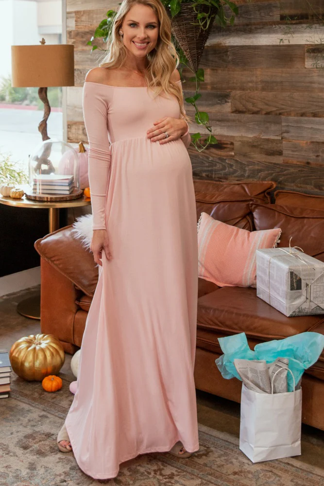 PinkBlush Pink Solid Off Shoulder Maternity Maxi Dress - Image 7