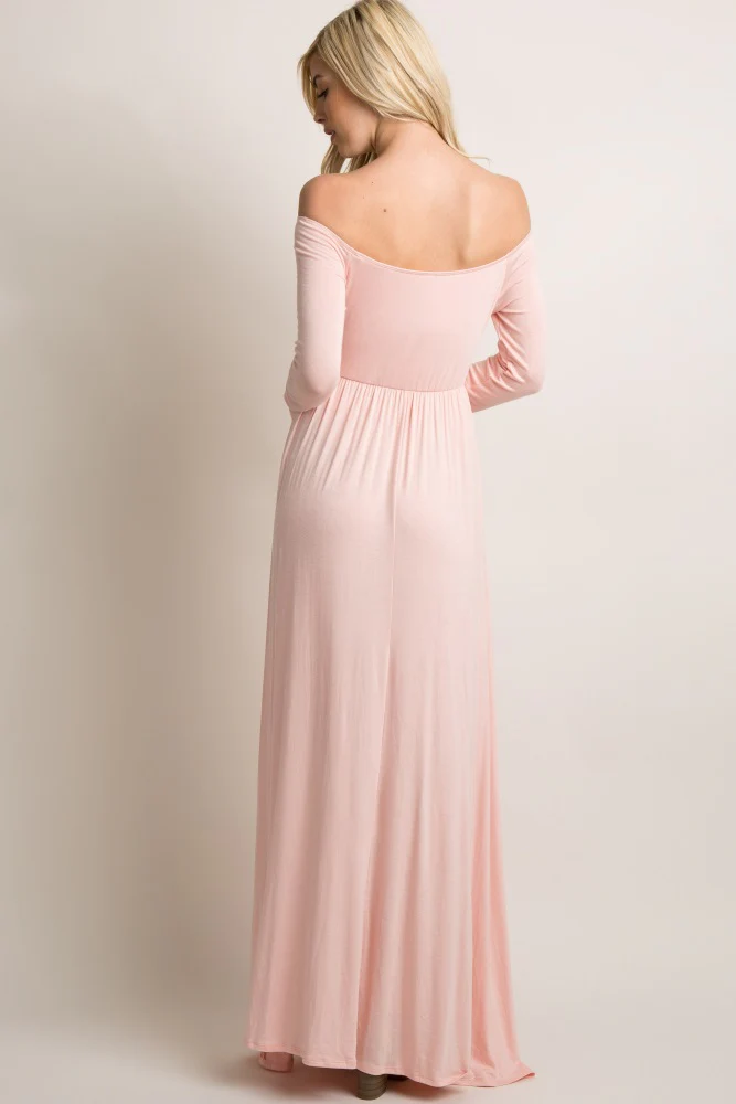 PinkBlush Pink Solid Off Shoulder Maxi Dress - Image 3