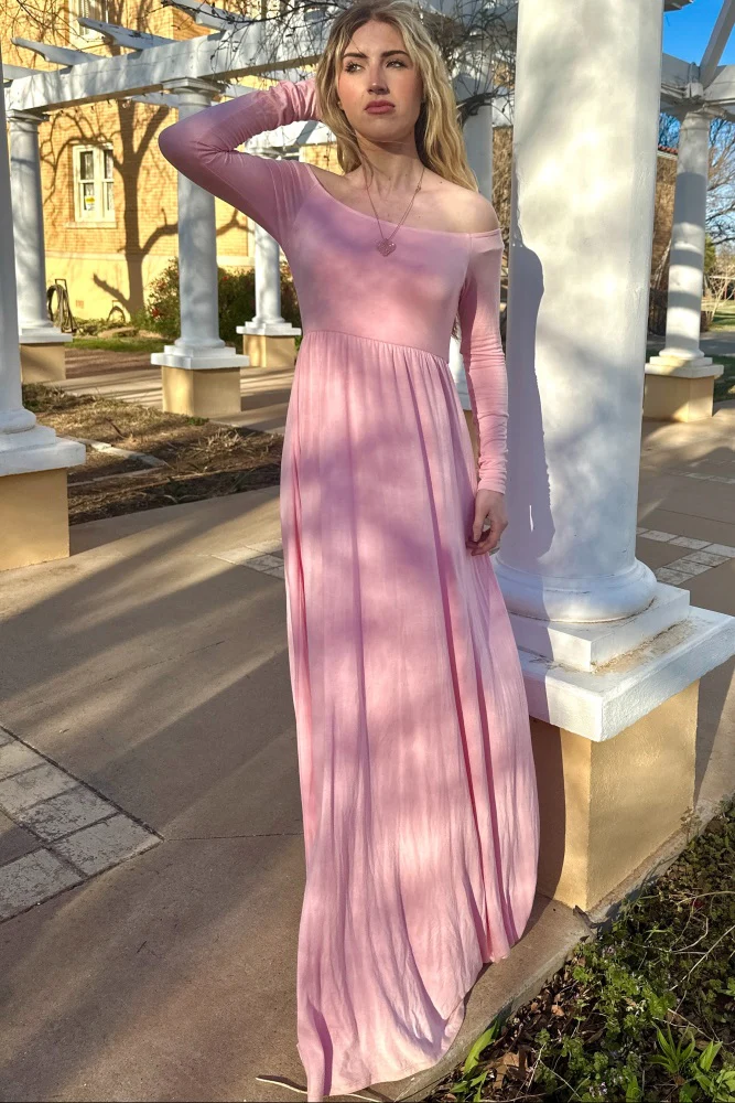 PinkBlush Pink Solid Off Shoulder Maxi Dress - Image 4