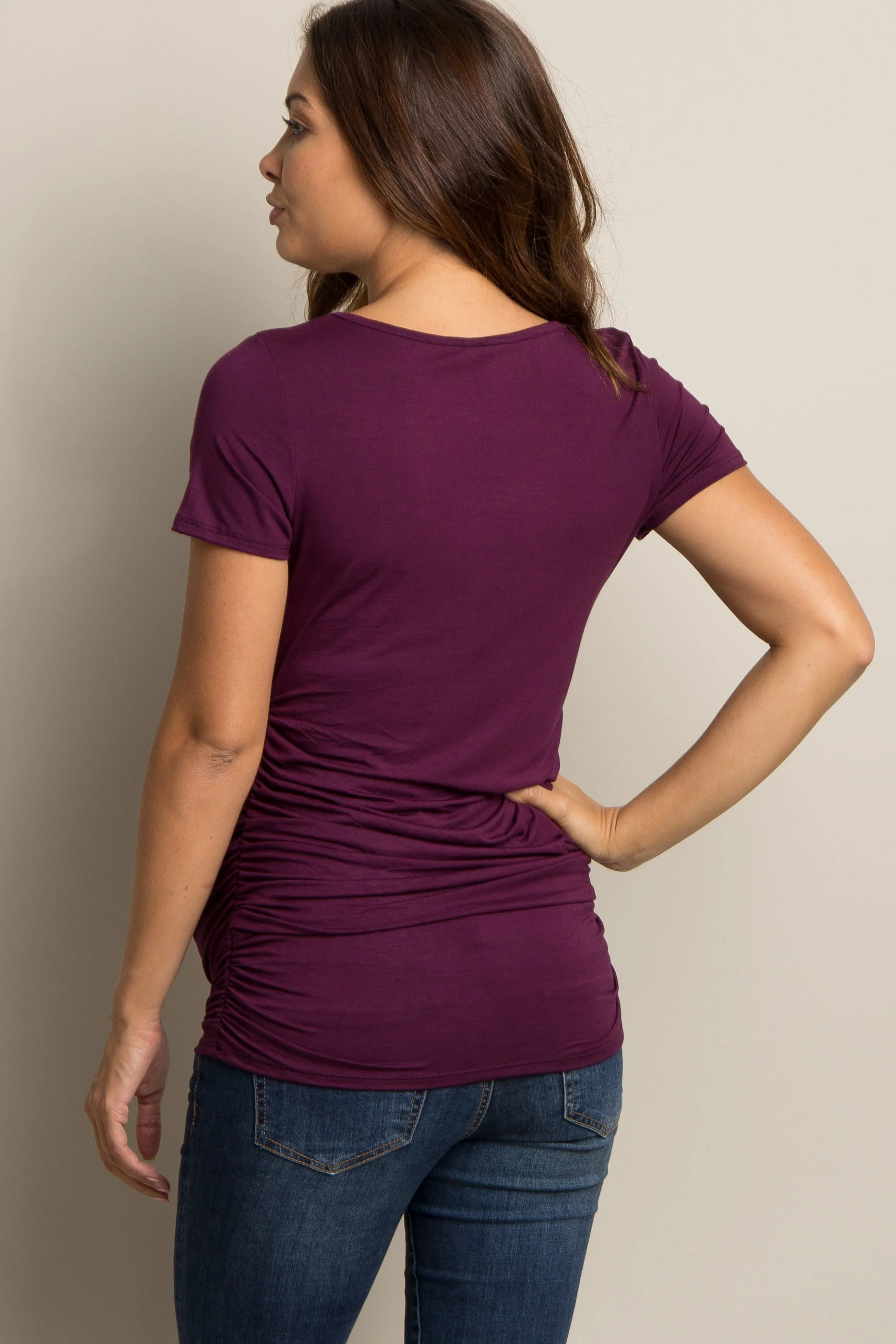 PinkBlush Purple Ruched Short Sleeve Maternity Top - Image 3