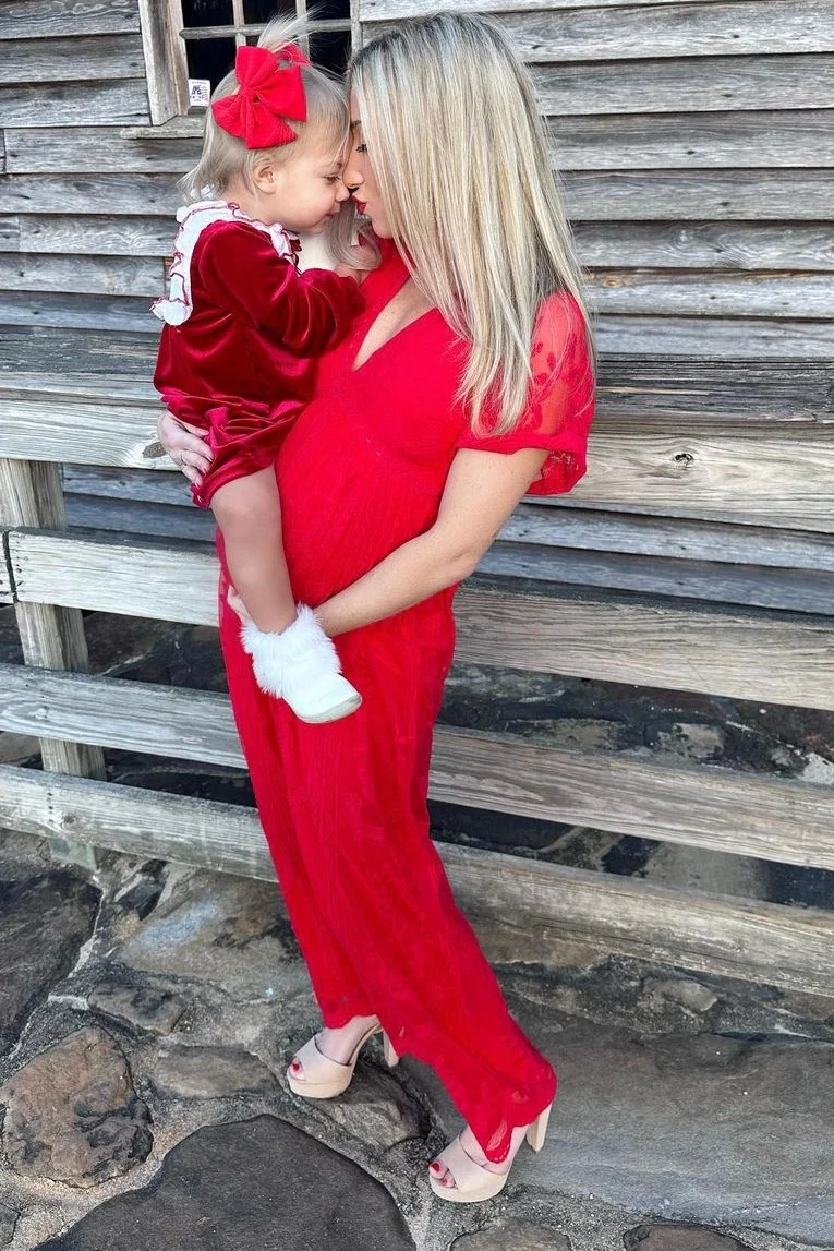 PinkBlush Red Lace Mesh Overlay Maternity Maxi Dress - Image 6