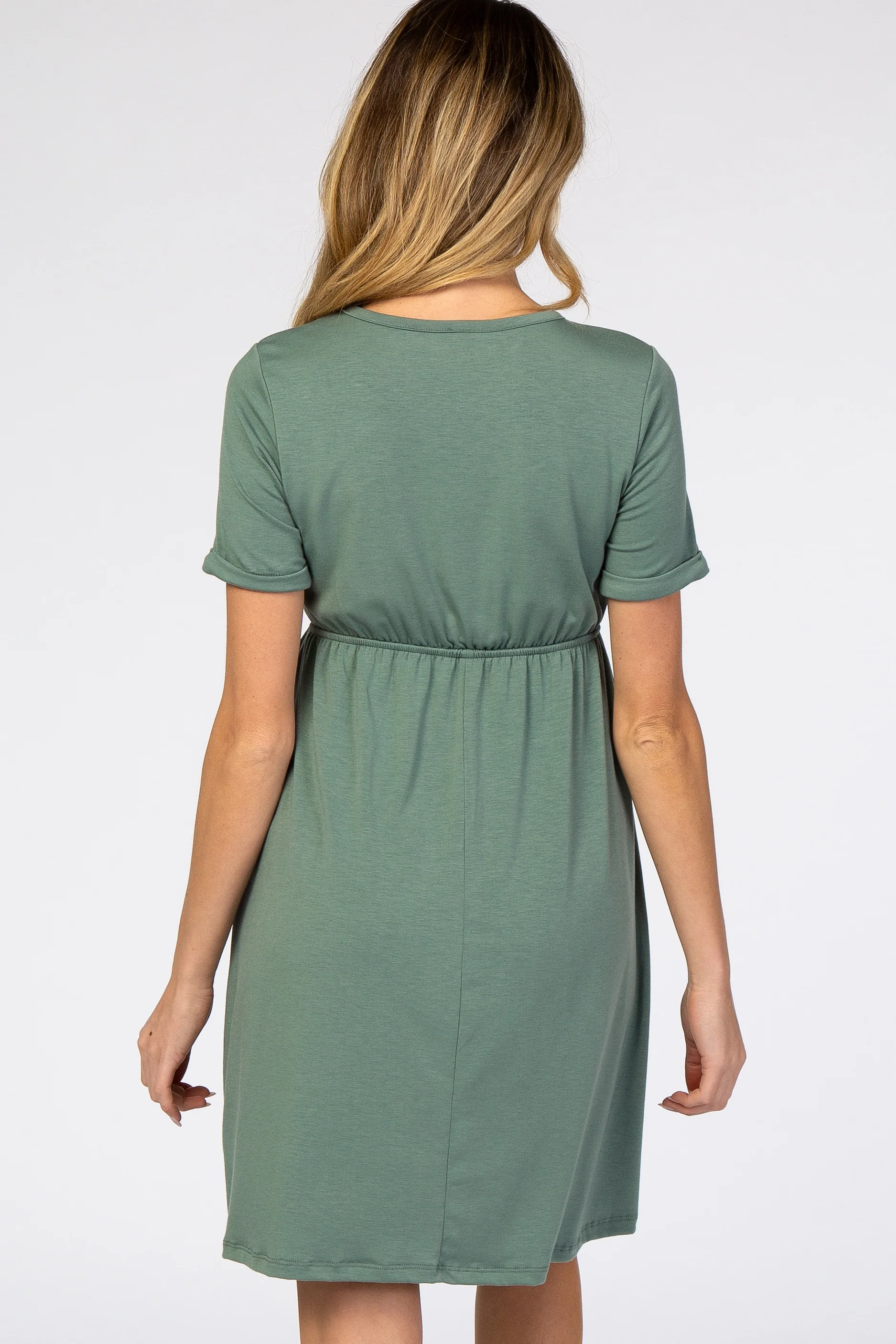 PinkBlush Sage Green Cuff Sleeve Waist Tie Maternity Dress - Image 3