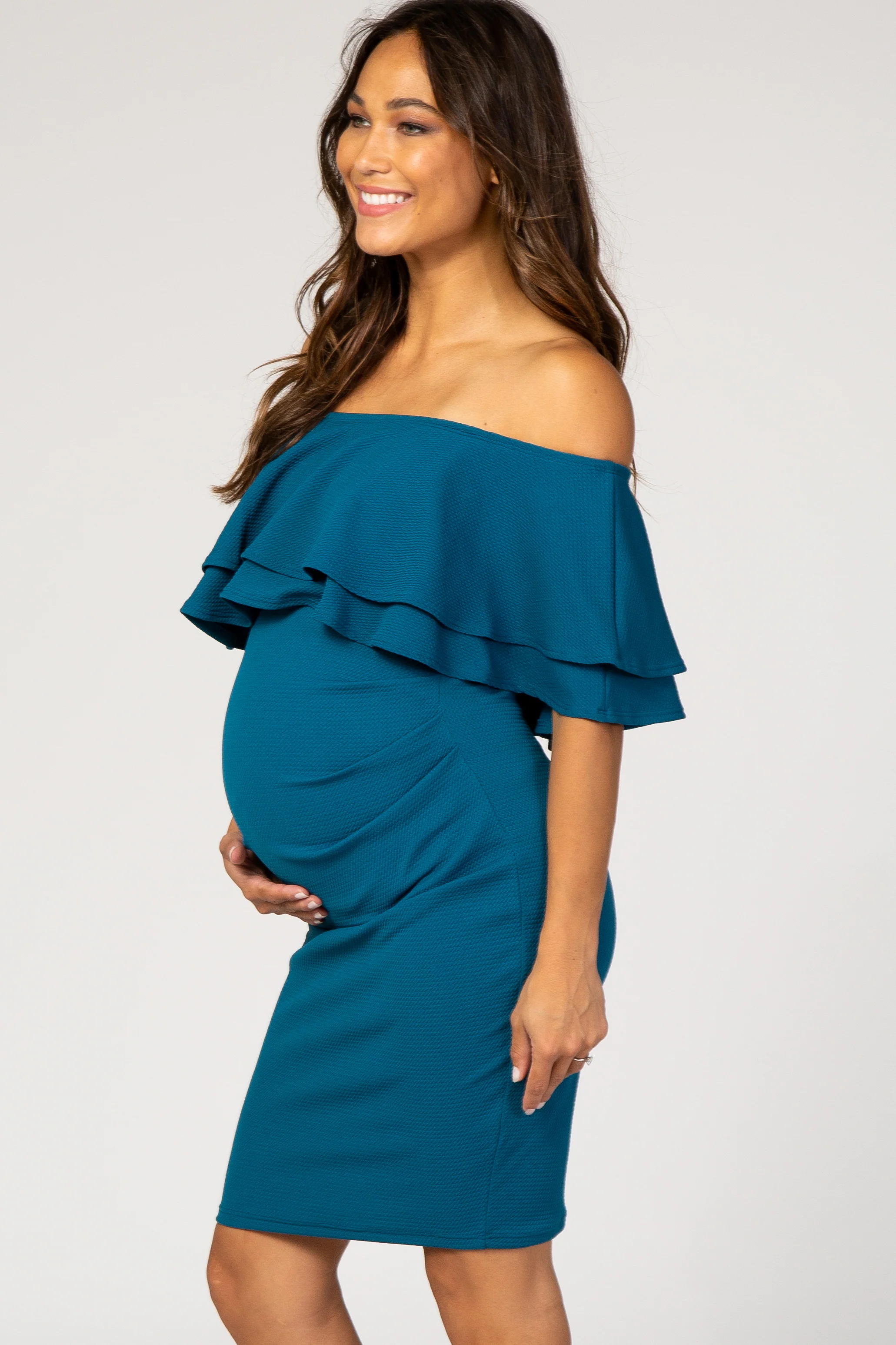 PinkBlush Teal Ruffle Off Shoulder Ruched Maternity Dress - Image 3