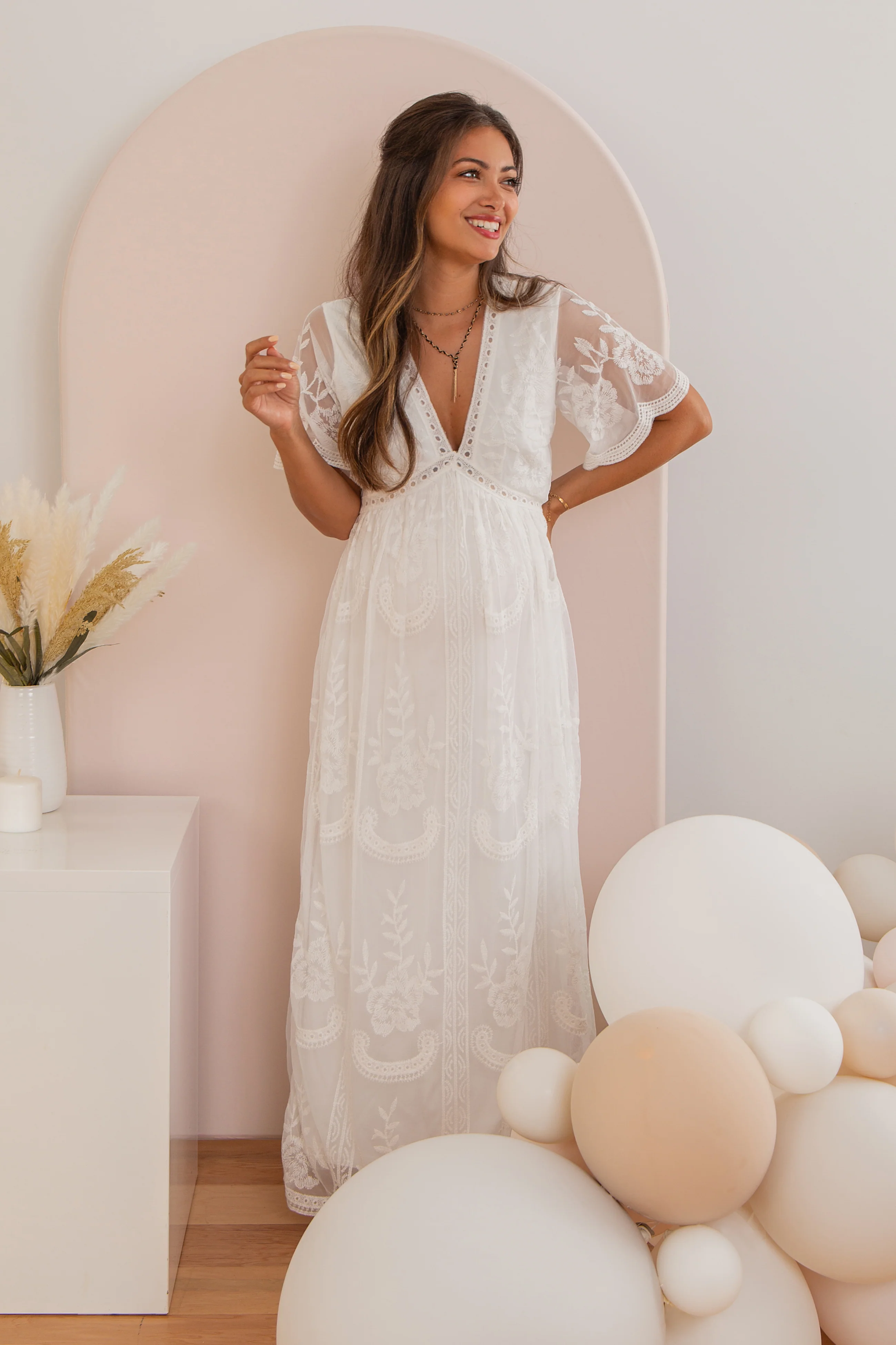 PinkBlush White Lace Mesh Overlay Maternity Maxi Dress - Image 8
