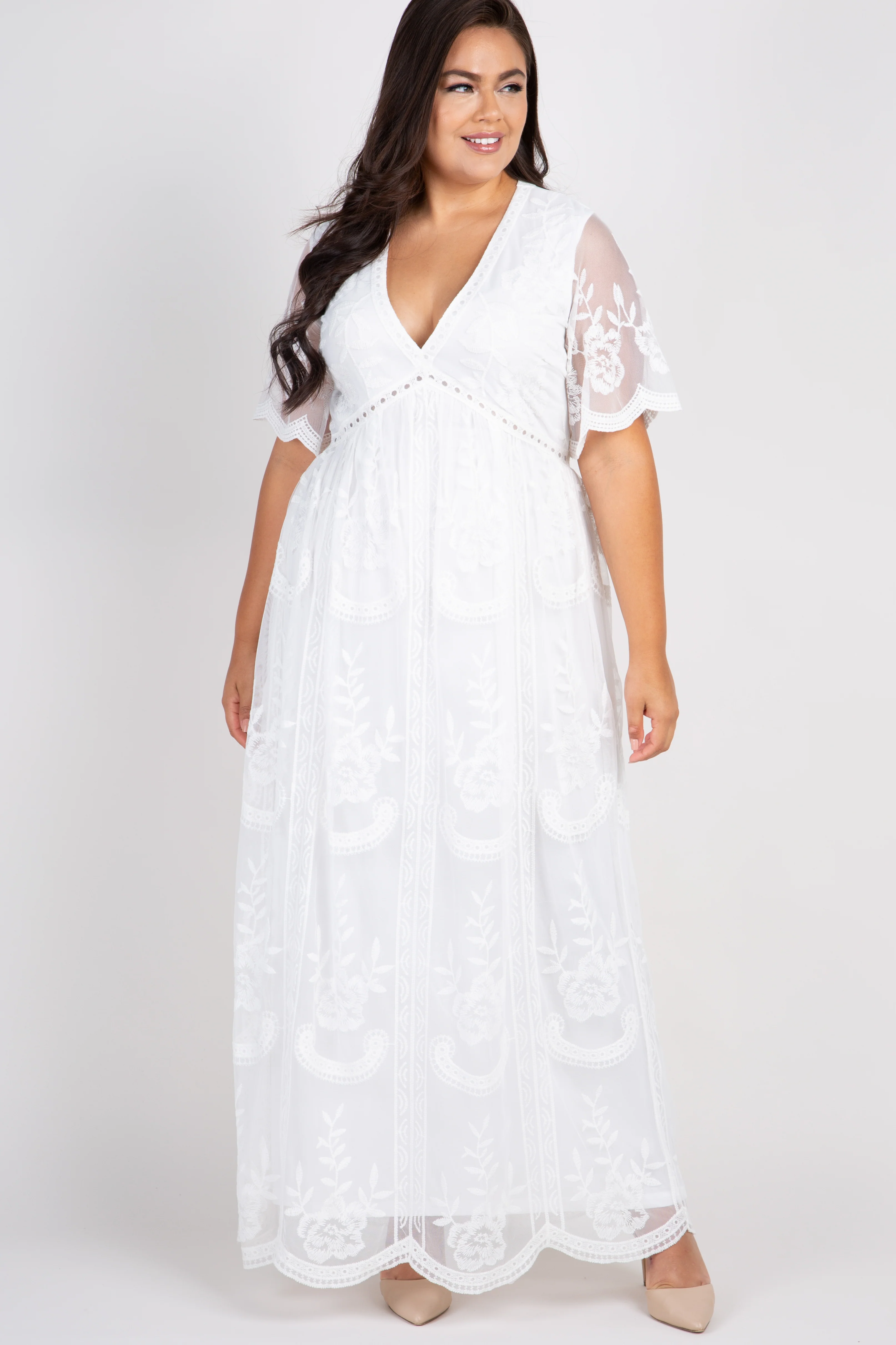 PinkBlush White Lace Mesh Overlay Plus Maternity Maxi Dress - Image 5