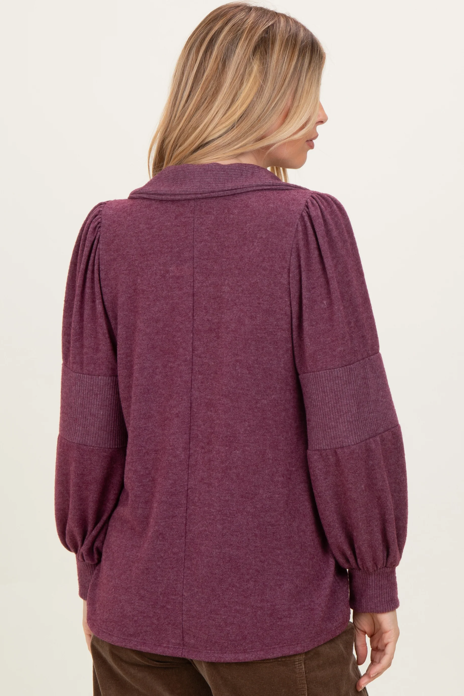 Plum Brushed Colorblock Long Sleeve Collared V-Neck Top - Image 3