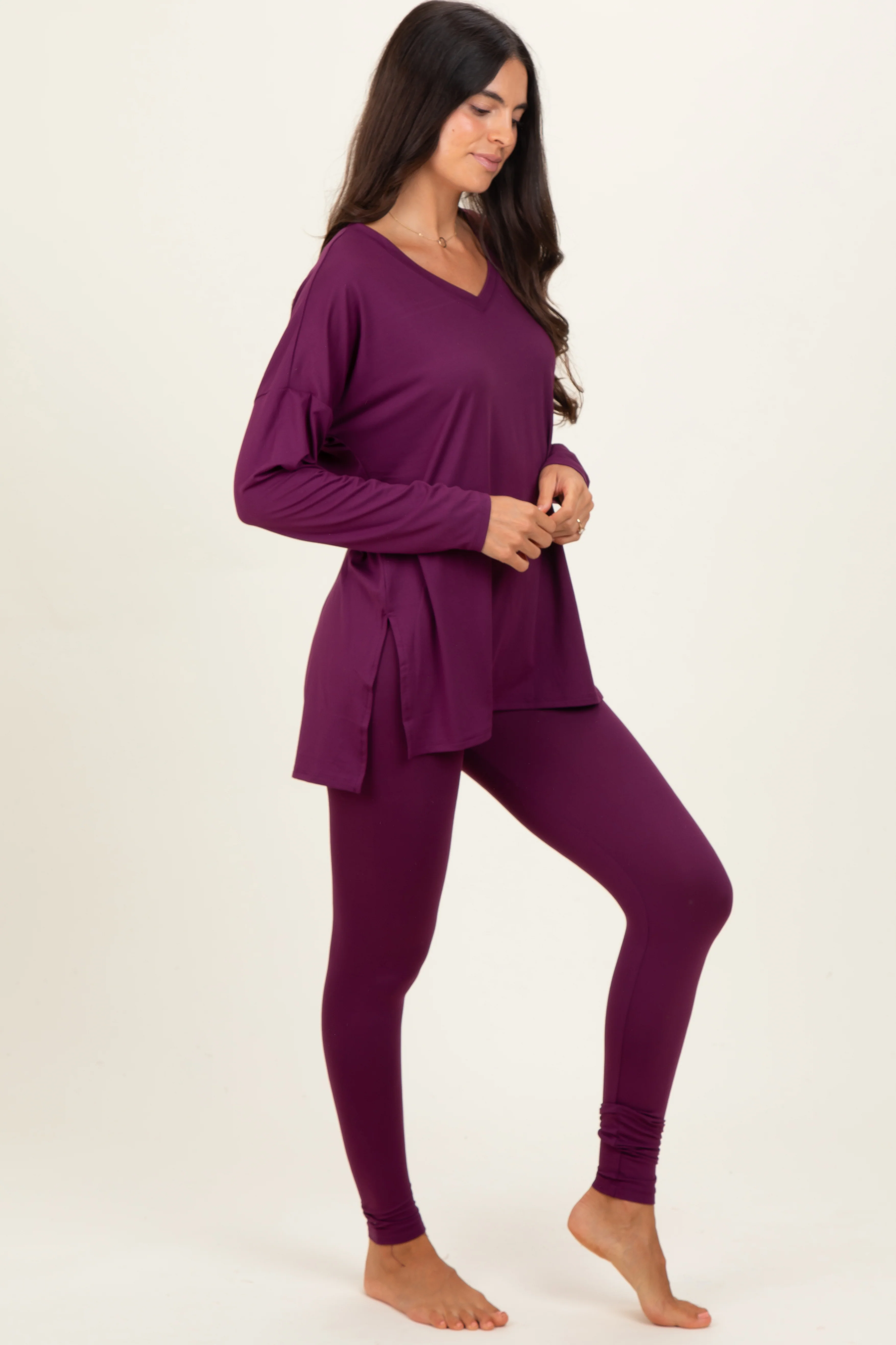 Plum Brushed Knit Oversized Top and Legging Set - Image 2
