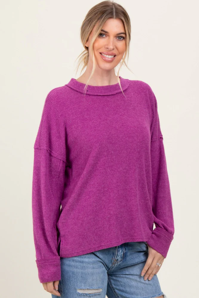 Plum Brushed Ribbed Knit Pullover - Image 3