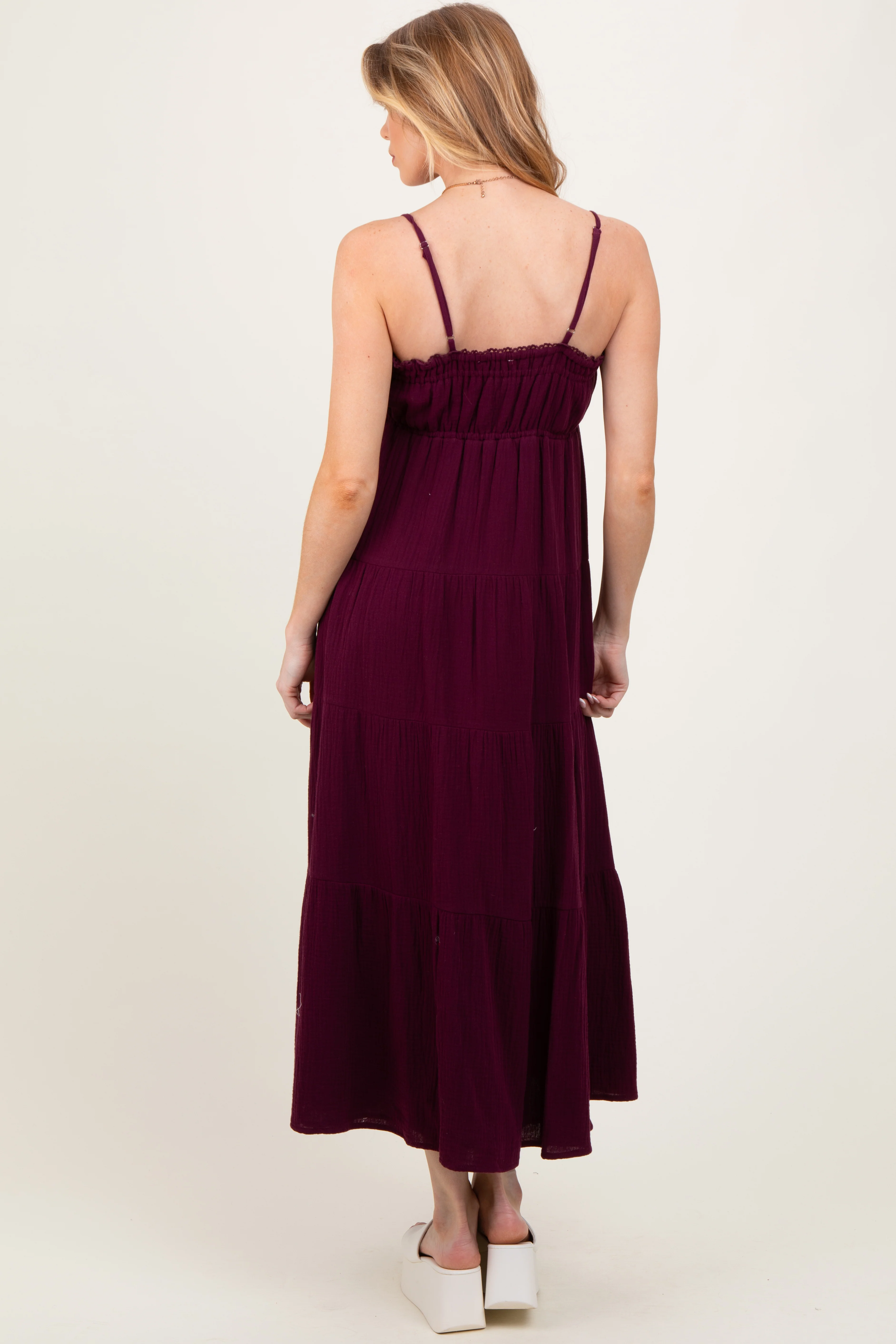 Plum Crochet Trim Tiered Maternity Maxi Dress - Image 3