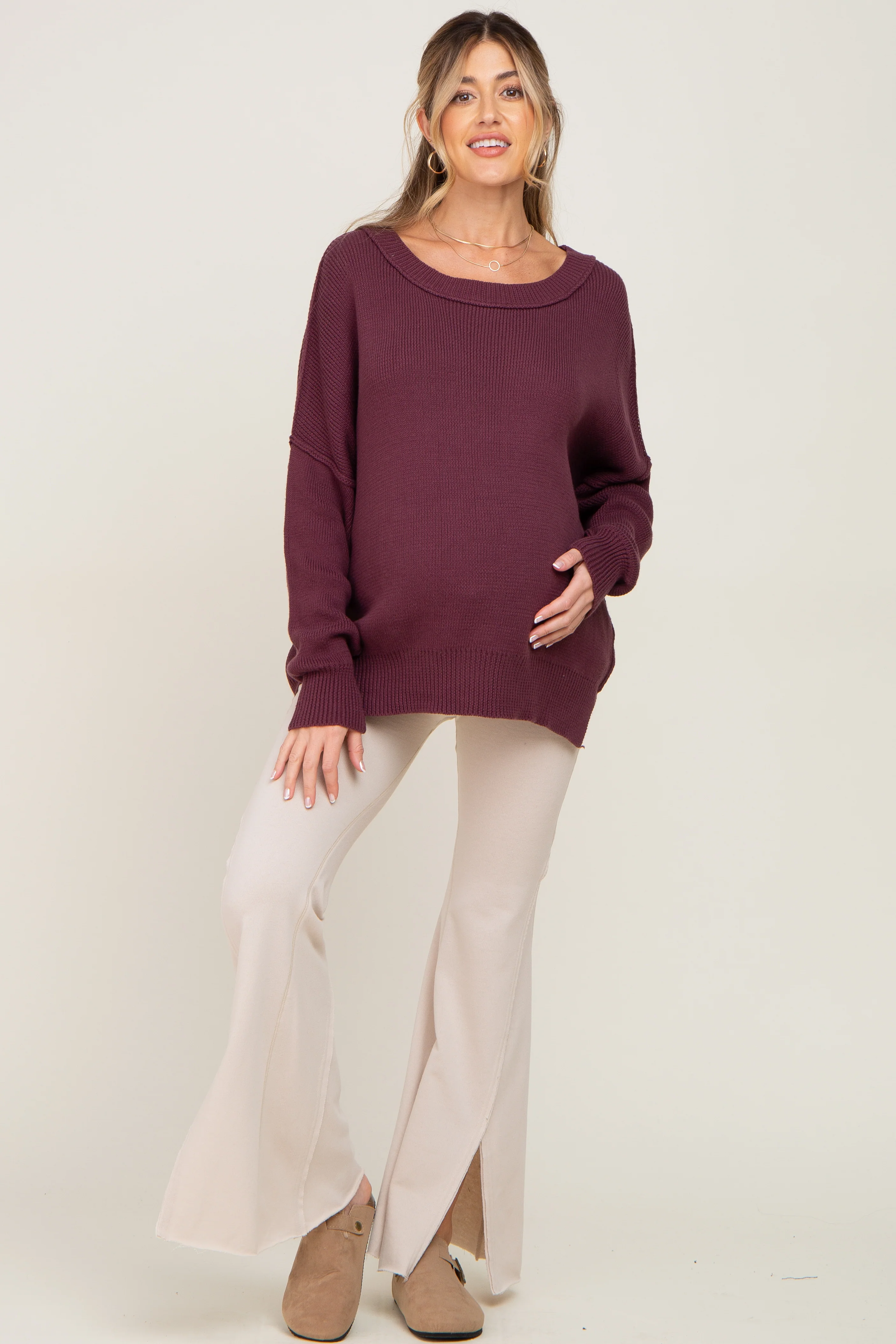 Plum Exposed Seam Side Slit Maternity Sweater - Image 4