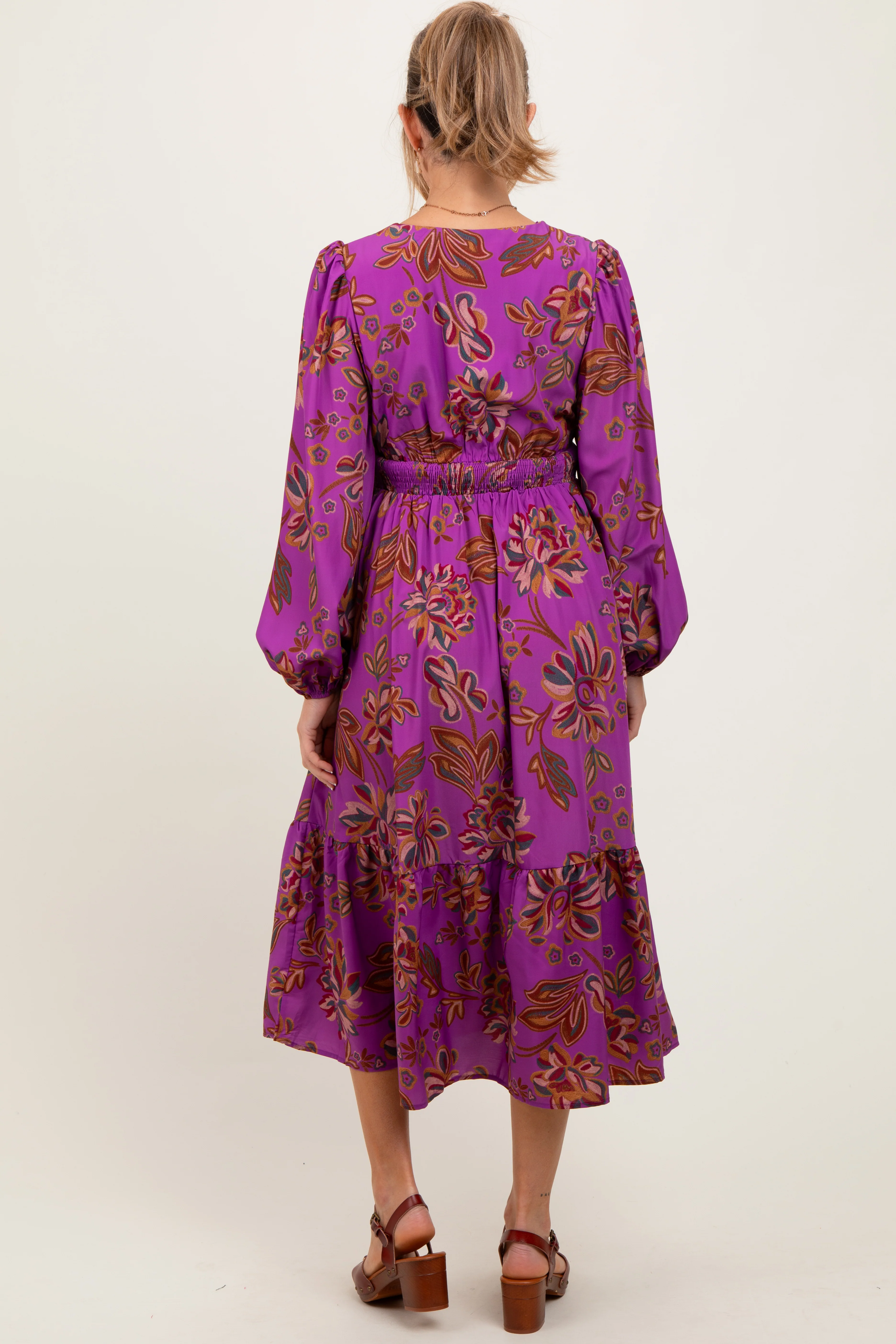 Plum Floral Smocked Waist Long Sleeve Maternity Midi Dress - Image 4